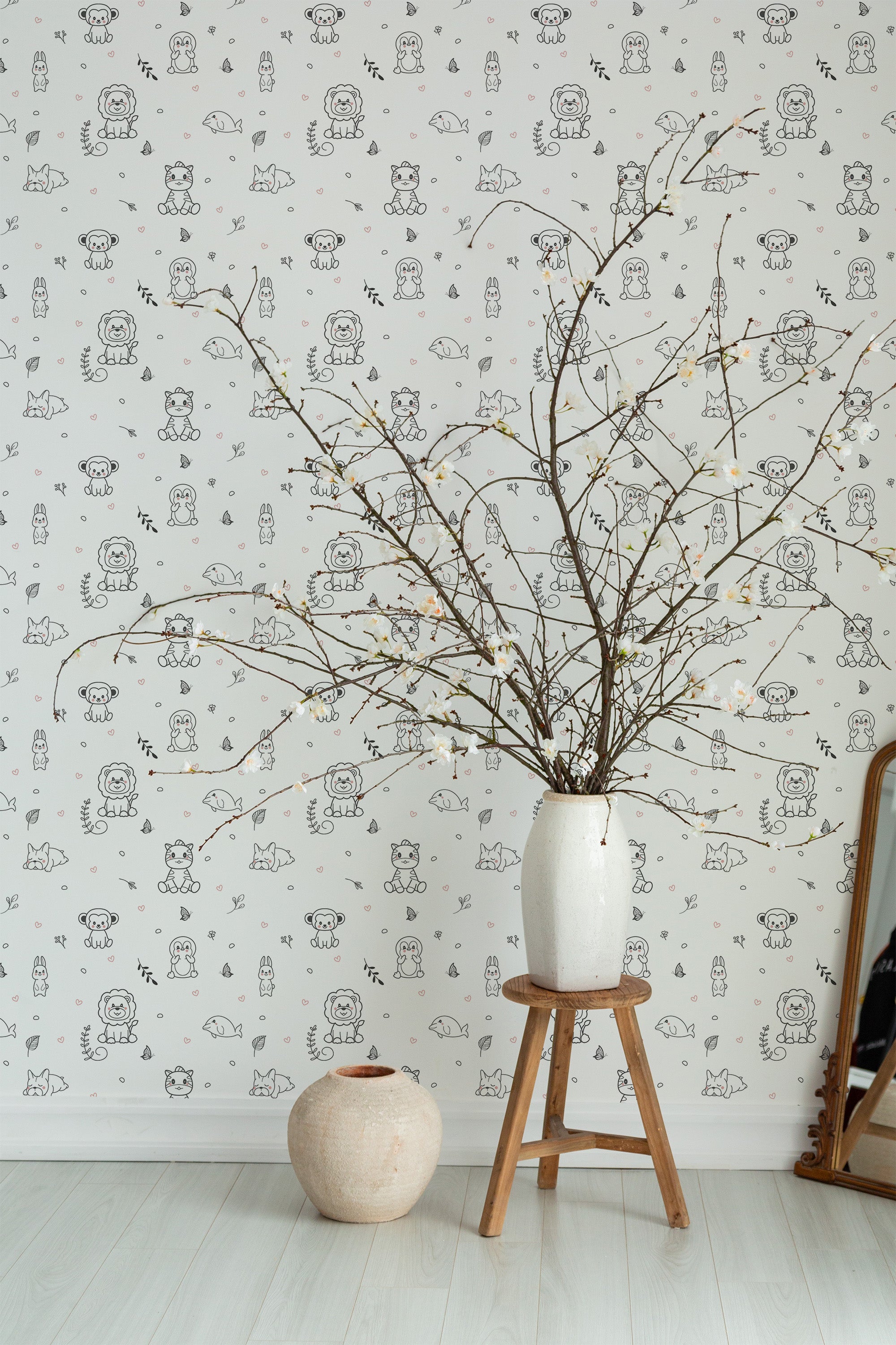 Self-adhesive wallpaper with a Cute animal design in black and white, showcasing a mix of doodled animals like dogs, cats, owls, and ducks, scattered across a light background.