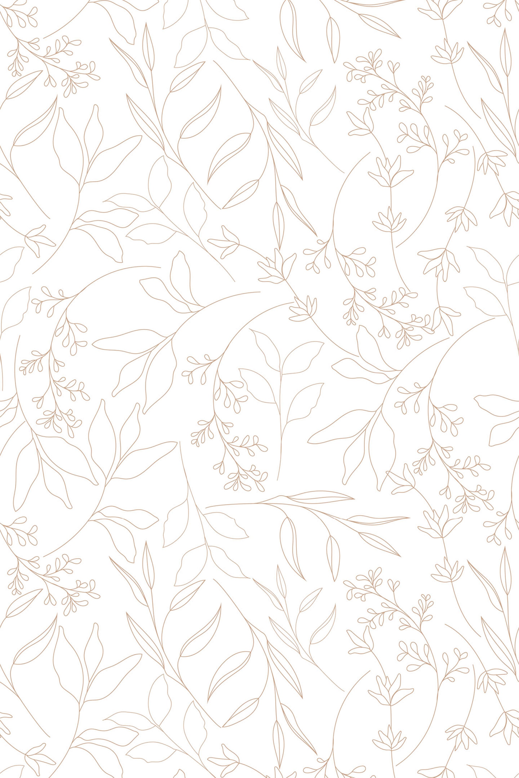 Simple and elegant floral pattern with delicate, gold outlines of leaves and small blooms on a white background, creating a minimalistic yet sophisticated look. Peel and stick removable wallpaper.