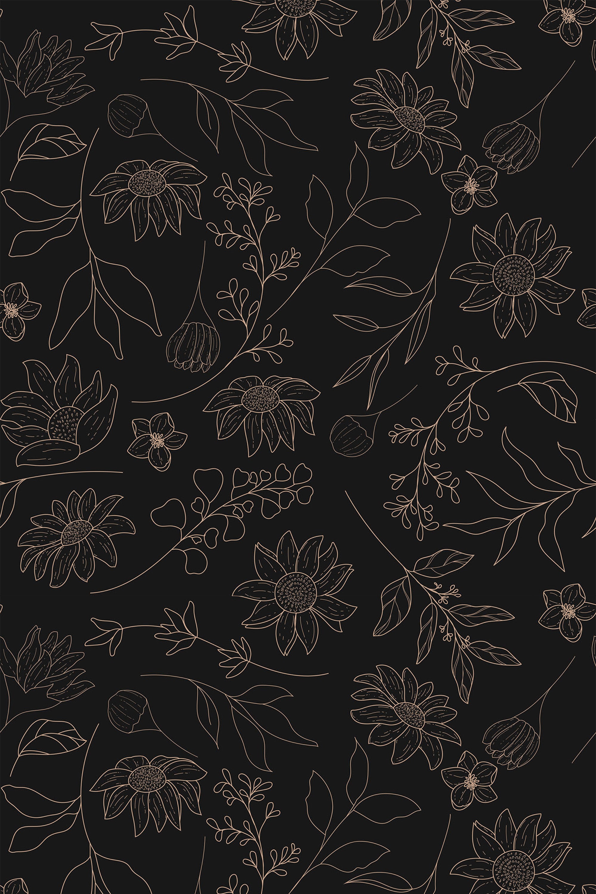 A dark floral wallpaper with intricate golden outlines of various flowers, leaves, and stems set against a black background, creating a striking and elegant design. Peel and stick removable wallpaper.
