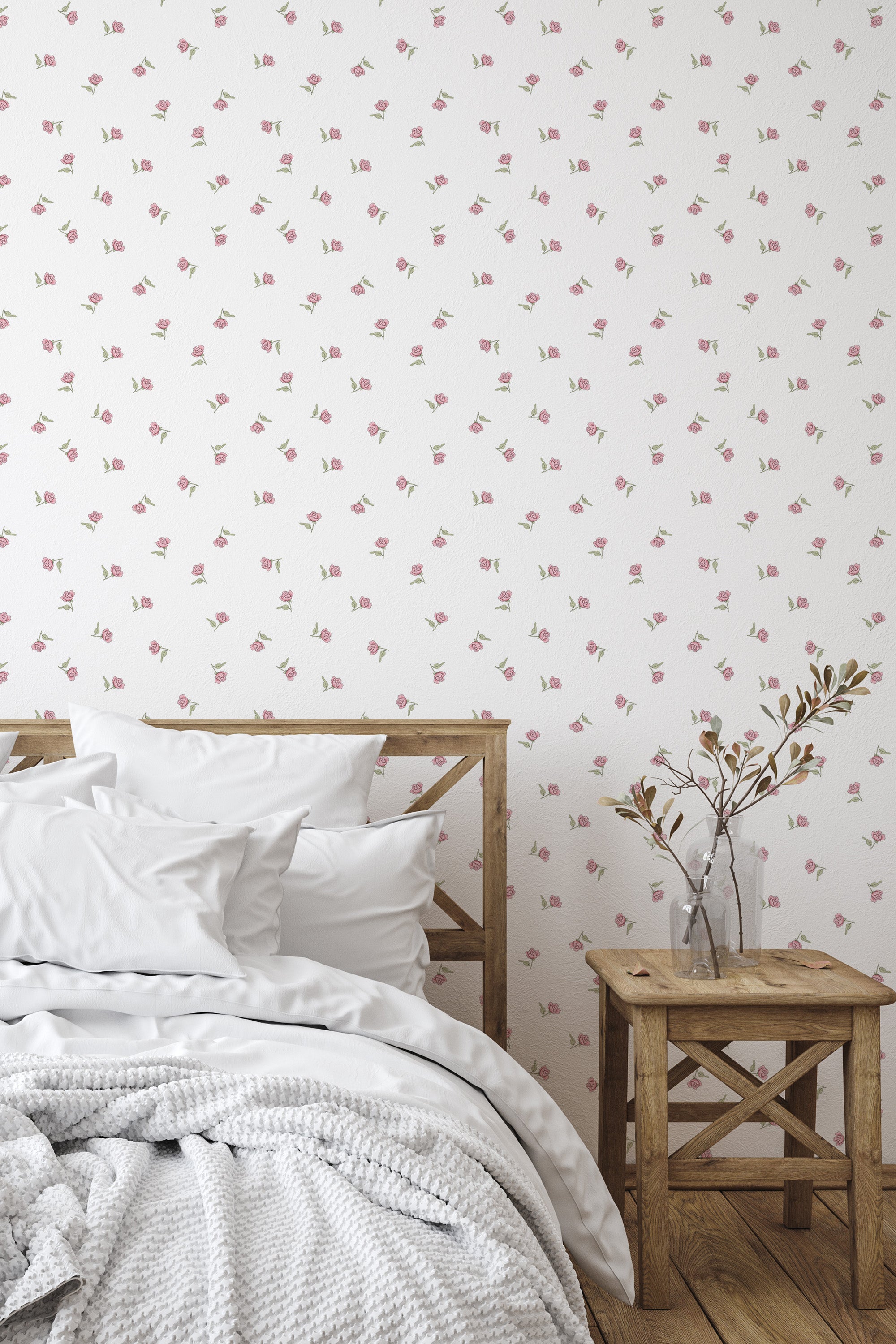 Self-adhesive vintage rose wallpaper with delicate pink roses and green leaves on a white background, adding a soft, timeless charm to the room.