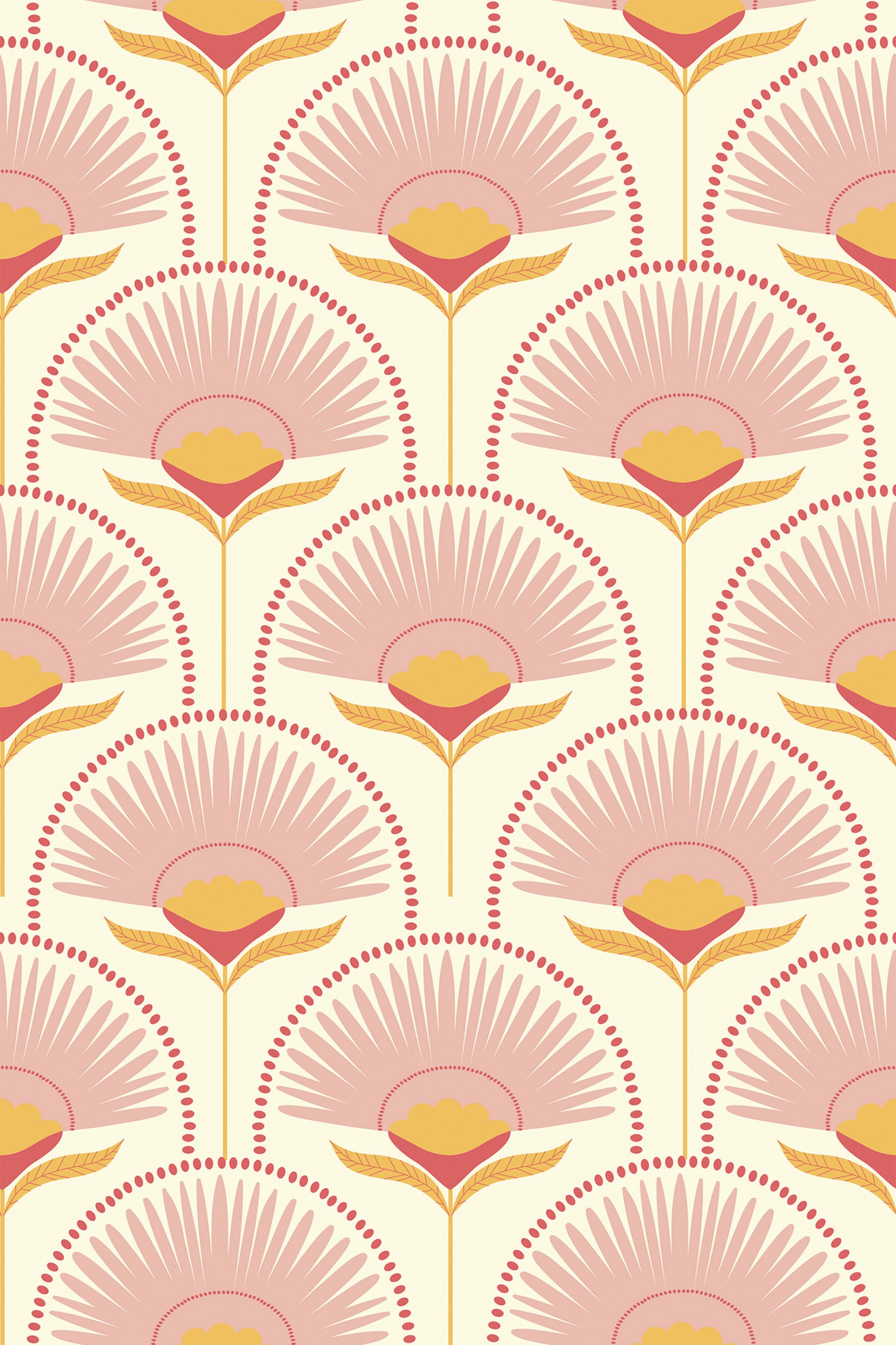 Pink, peach, and mustard floral pattern with fan-shaped petals, stylized flowers, and dotted arcs on a light cream background, retro-inspired peel and stick removable wallpaper.