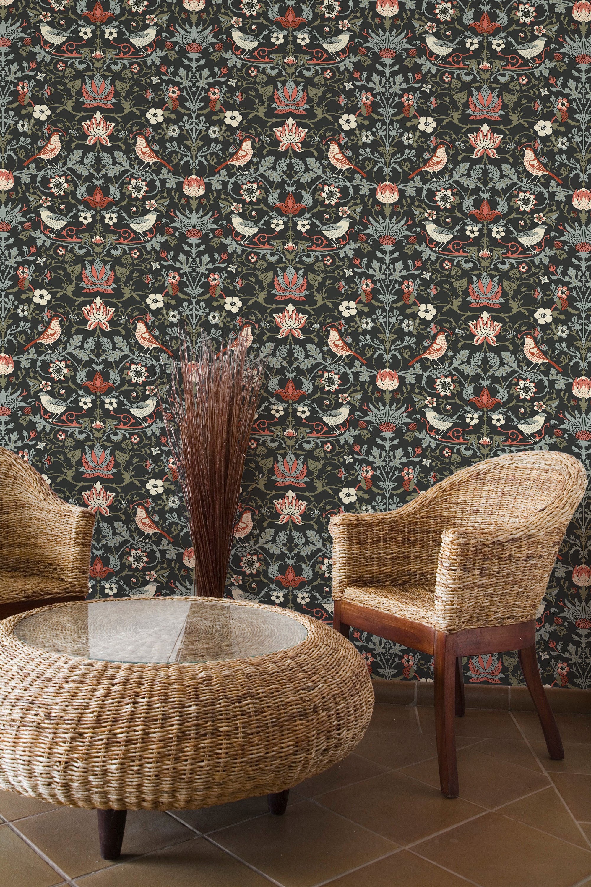 Self-adhesive wallpaper with a vintage bird design set against a dark background, adorned with birds, flowers, and foliage in muted, earthy tones.