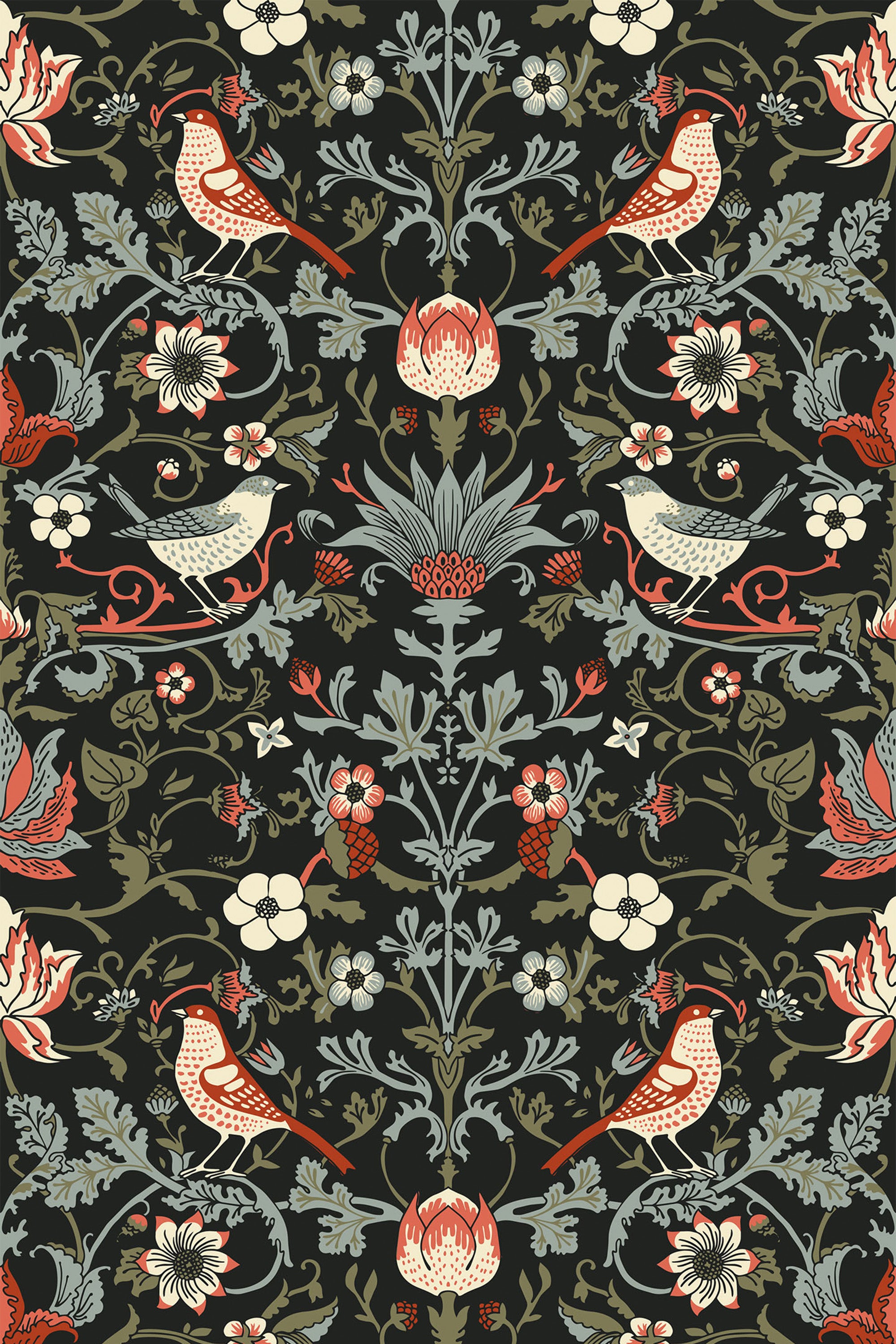 Intricate wallpaper design with vintage-inspired birds, flowers, and leaves in a symmetrical pattern. Vivid red, beige, and muted green tones on a dark background create a classic, antique feel. Peel and stick removable wallpaper.