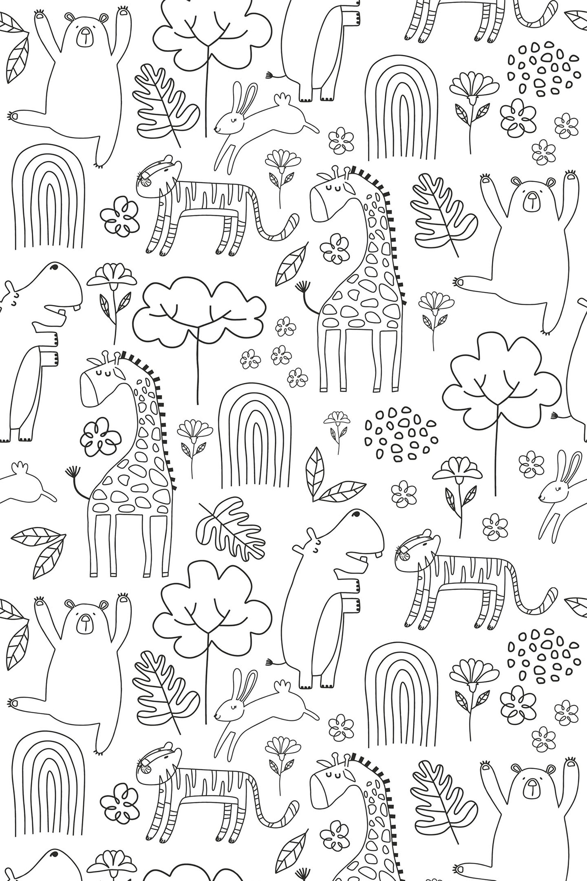 Whimsical black and white line drawings of giraffes, tigers, bears, rabbits, rainbows, flowers, and trees, seamlessly repeated for a playful and fun design, peel and stick removable wallpaper.
