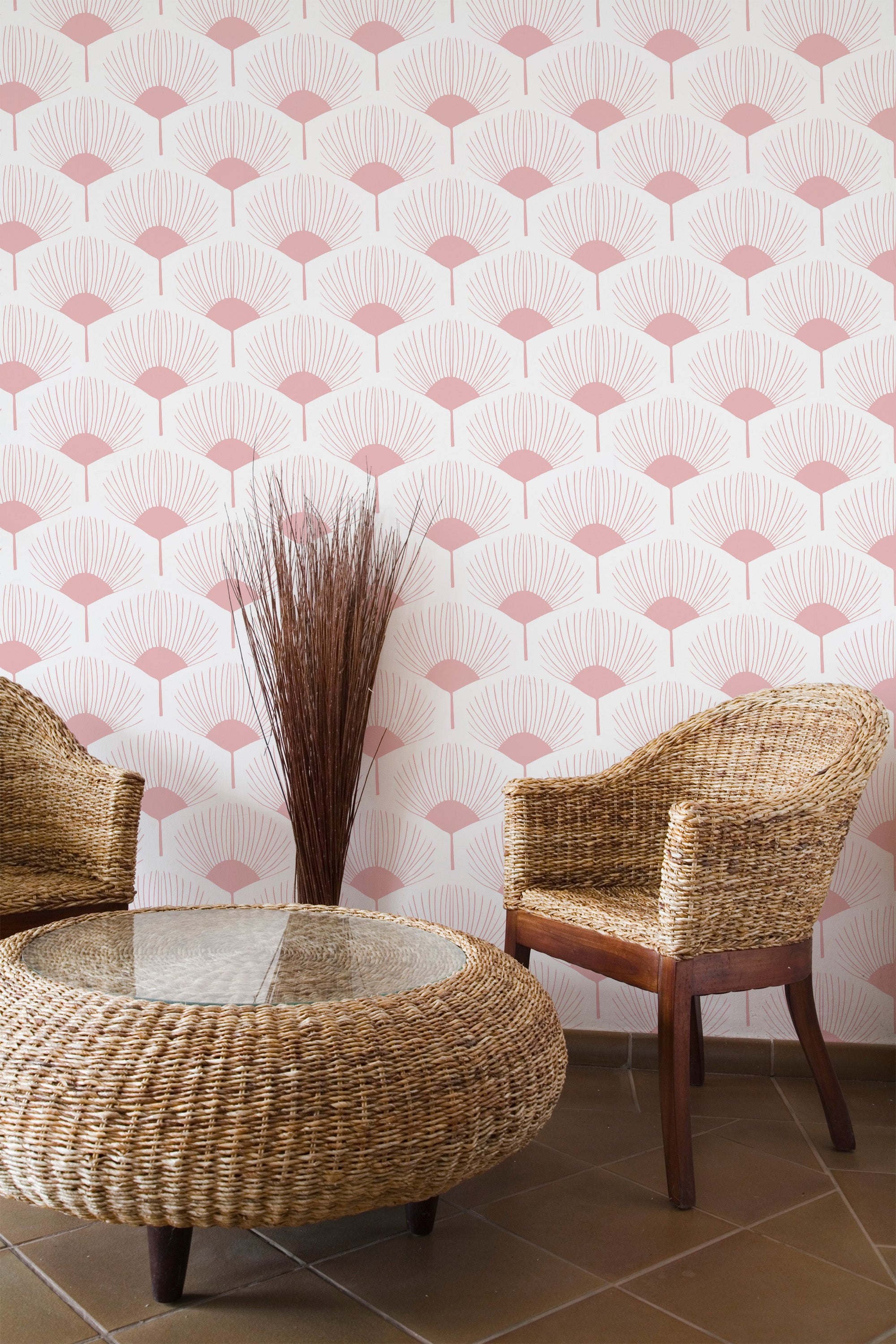 Self-adhesive wallpaper with a pattern of abstract flower shapes in pink, arranged in a repetitive and symmetrical design on a white background.