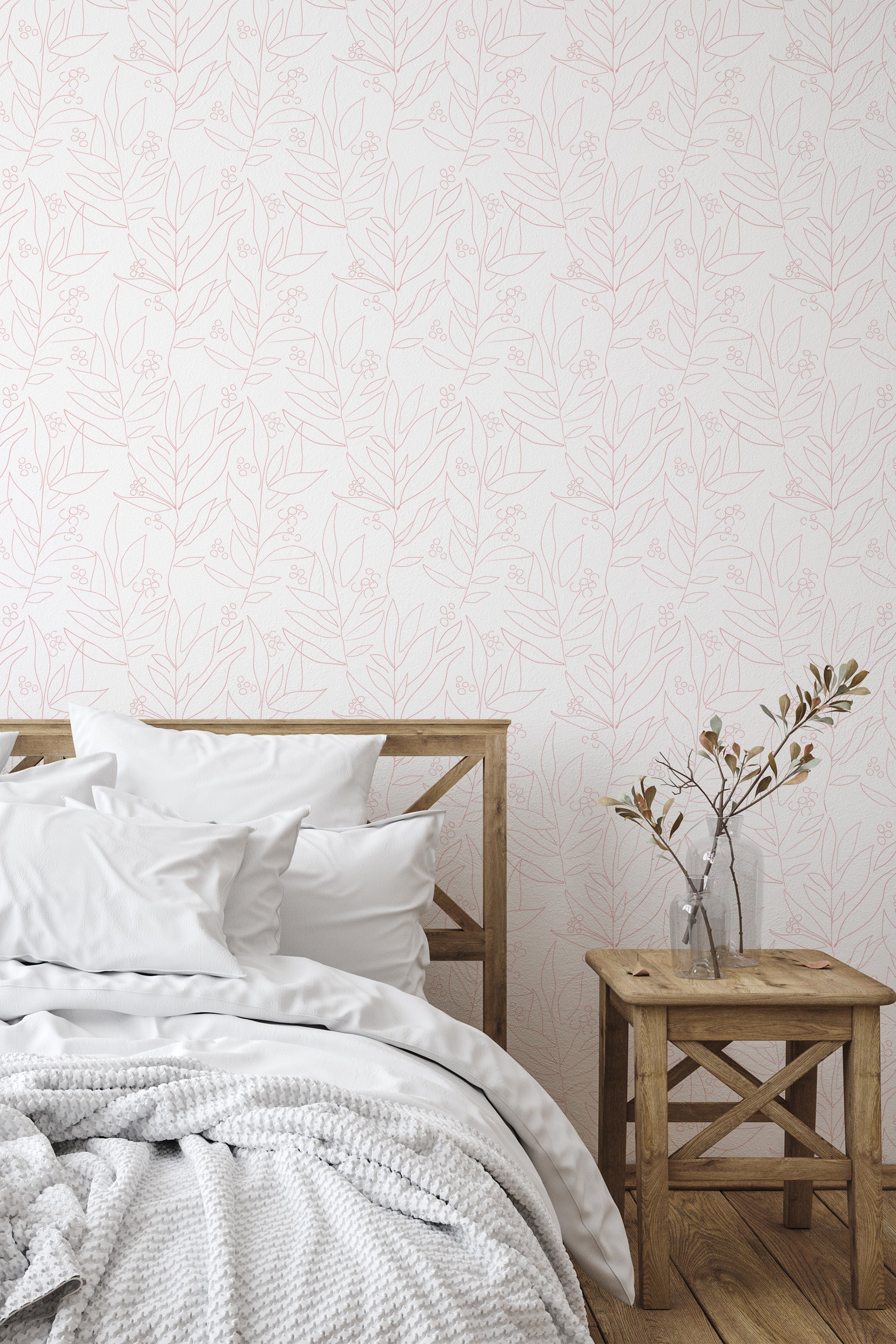 Self-adhesive wallpaper with a Big Floral Line Art design in soft, delicate shades of pink on a white background. The pattern includes various flowers, leaves, and branches in a minimalistic, hand-drawn style, adding an elegant and organic feel to the room's decor.