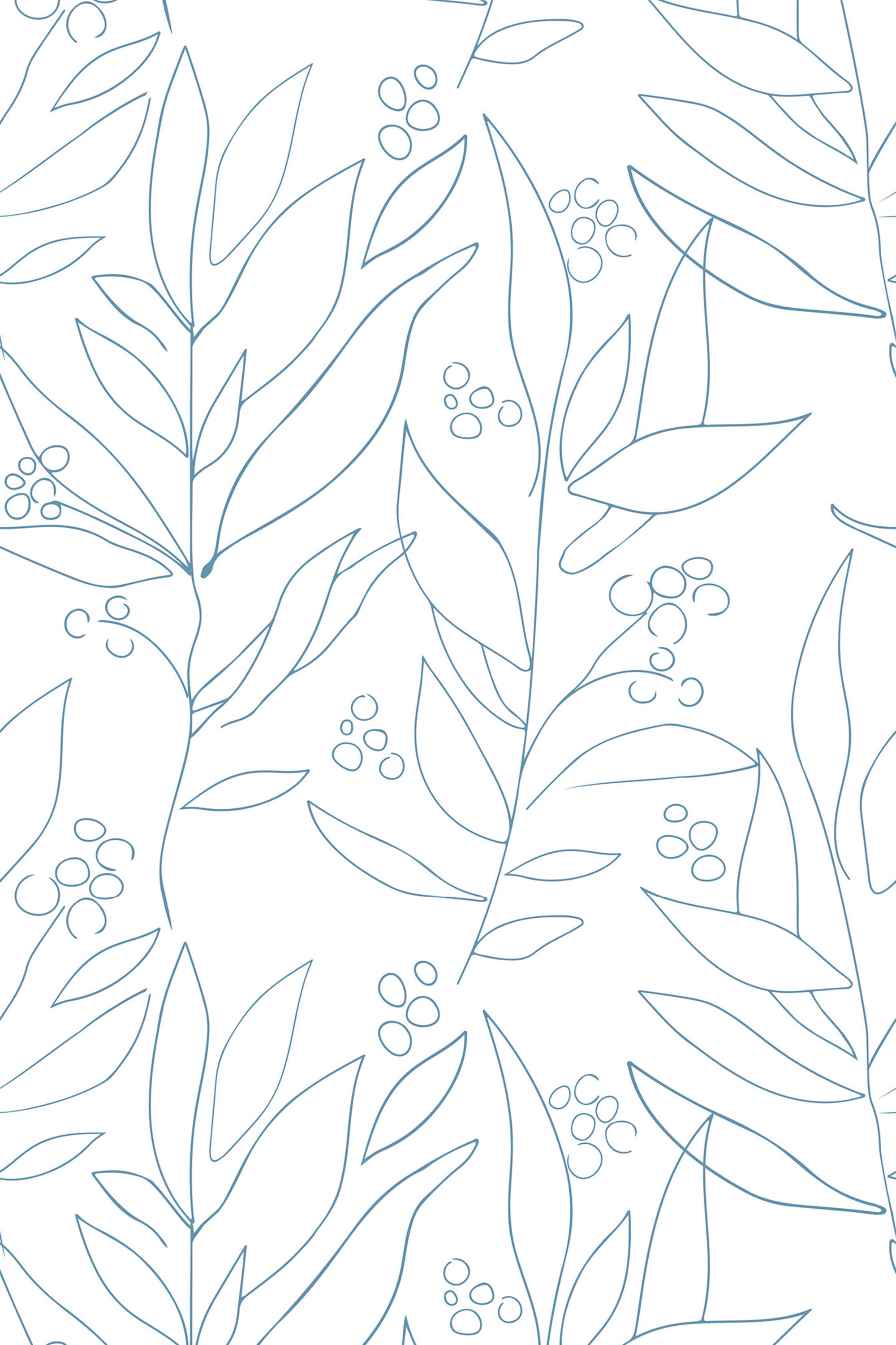 A seamless wallpaper pattern with delicate, abstract blue line drawings of large leafy branches and small clusters of berries on a white background. Peel and stick removable wallpaper.