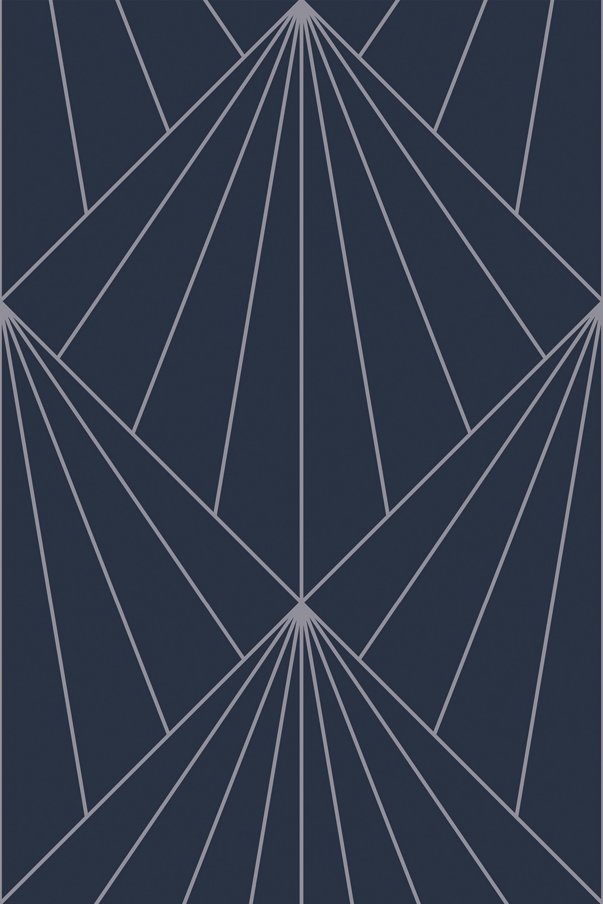 A seamless art deco design with geometric patterns forming angular shapes in navy blue and light gray lines, peel and stick removable wallpaper.