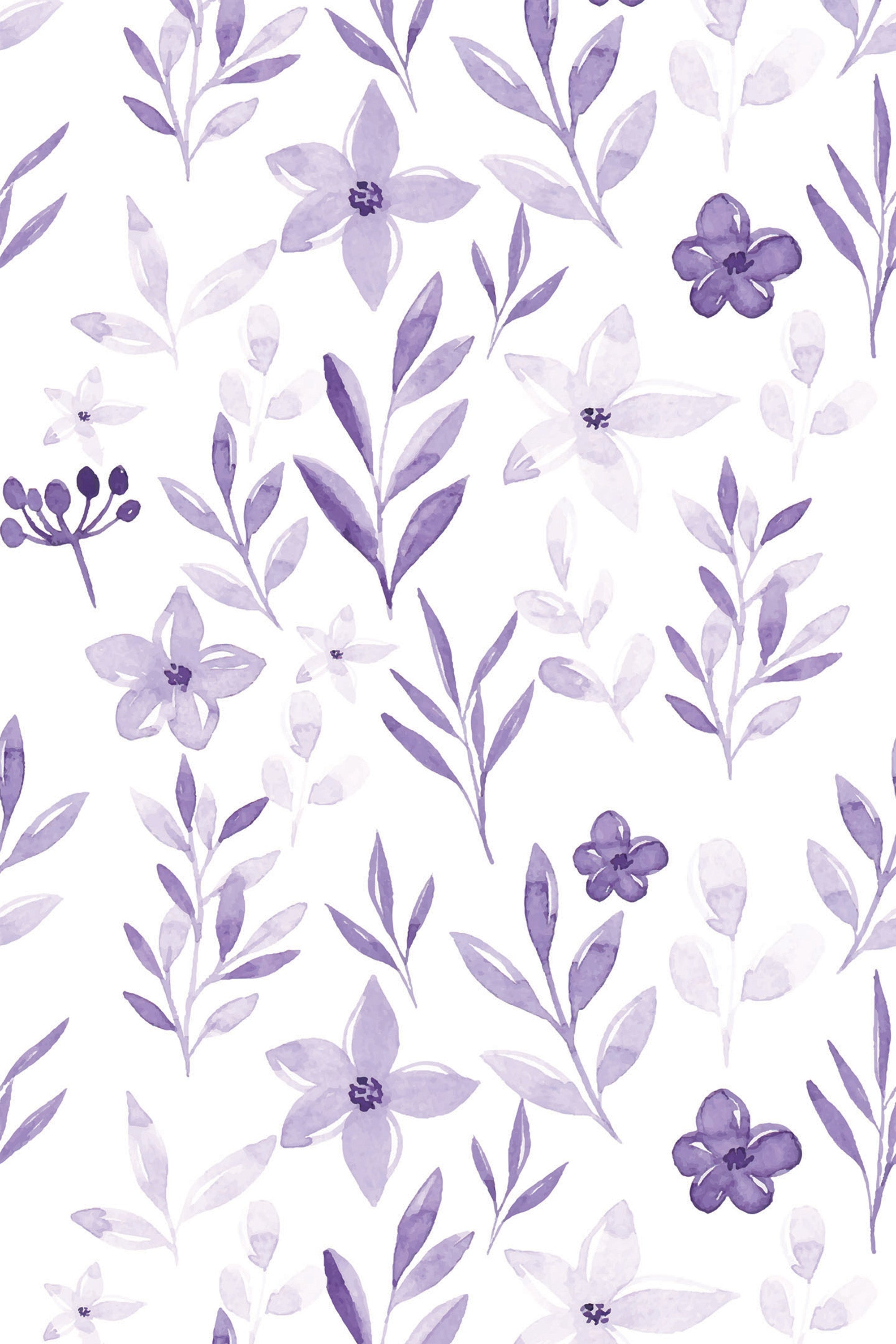 Watercolor-style wallpaper with delicate violet and lavender flowers and leaves scattered on a white background, creating a soft, natural look. Peel and stick removable wallpaper.