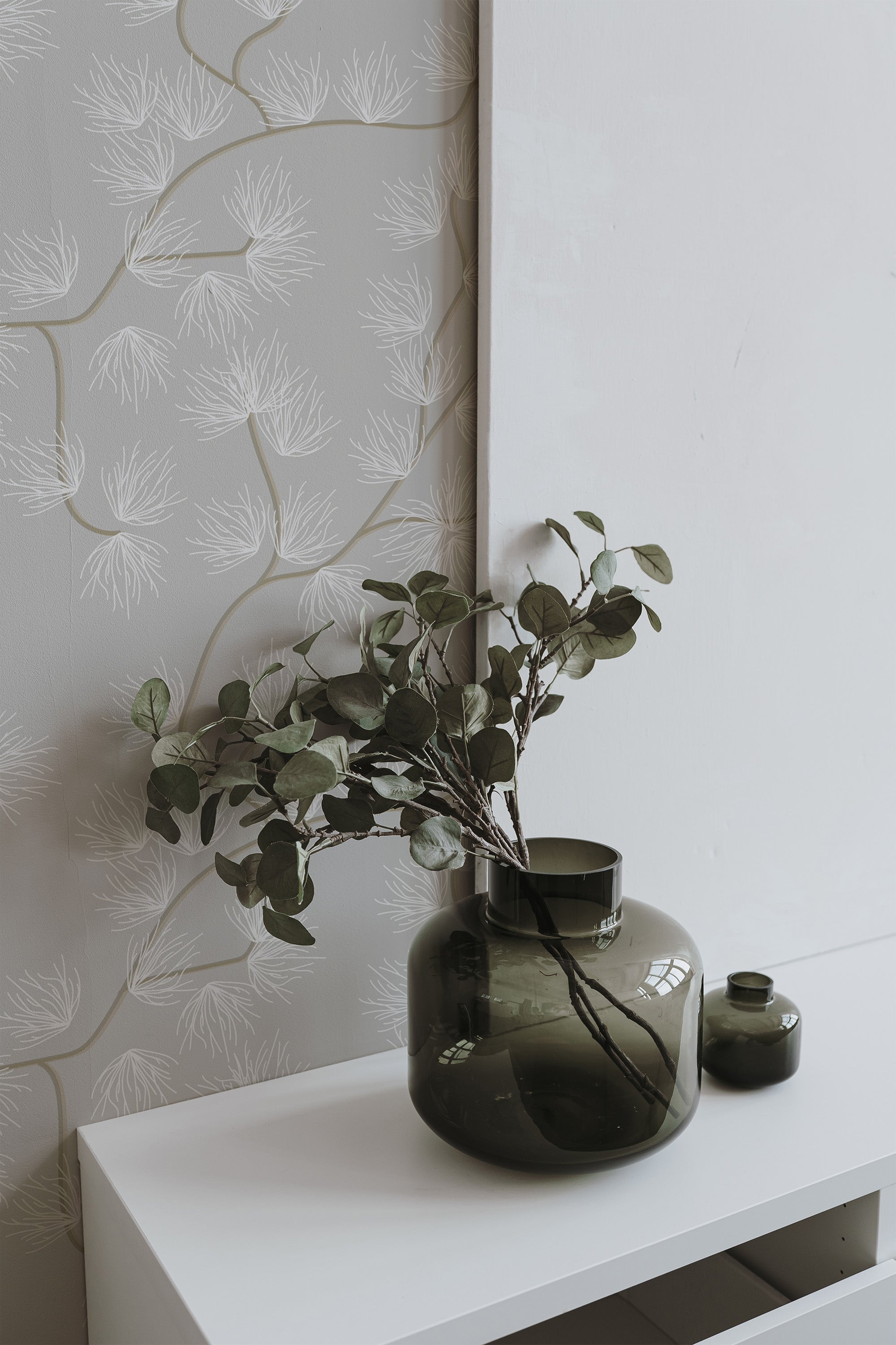 Self-adhesive Boho tree wallpaper in soft neutral tones with delicate, light-colored, wispy tree branches creating an elegant and calming atmosphere.