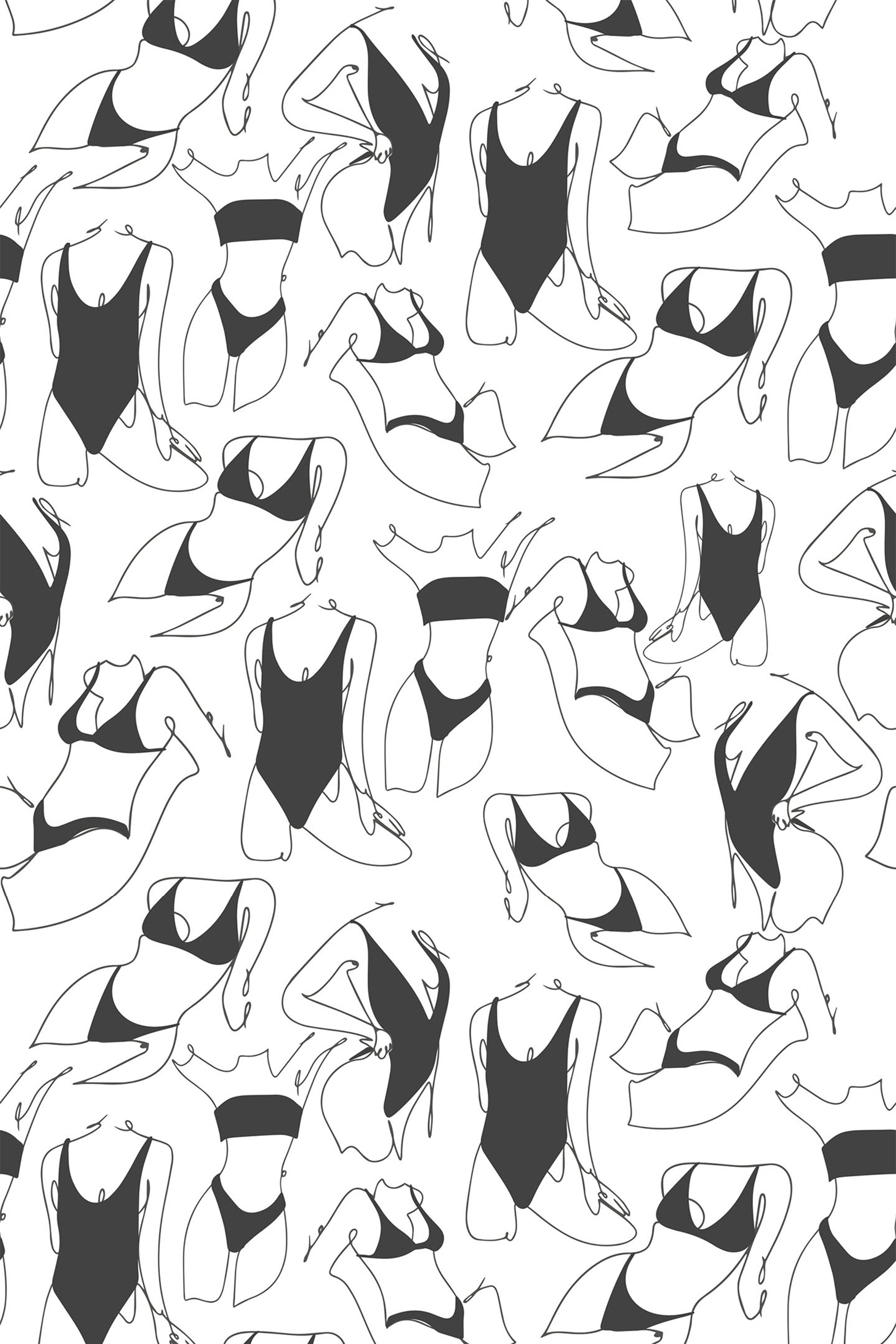 Line drawing pattern of abstract female figures in swimsuits with accents in black on a white background, creating a modern, stylish aesthetic. Peel and stick removable wallpaper.