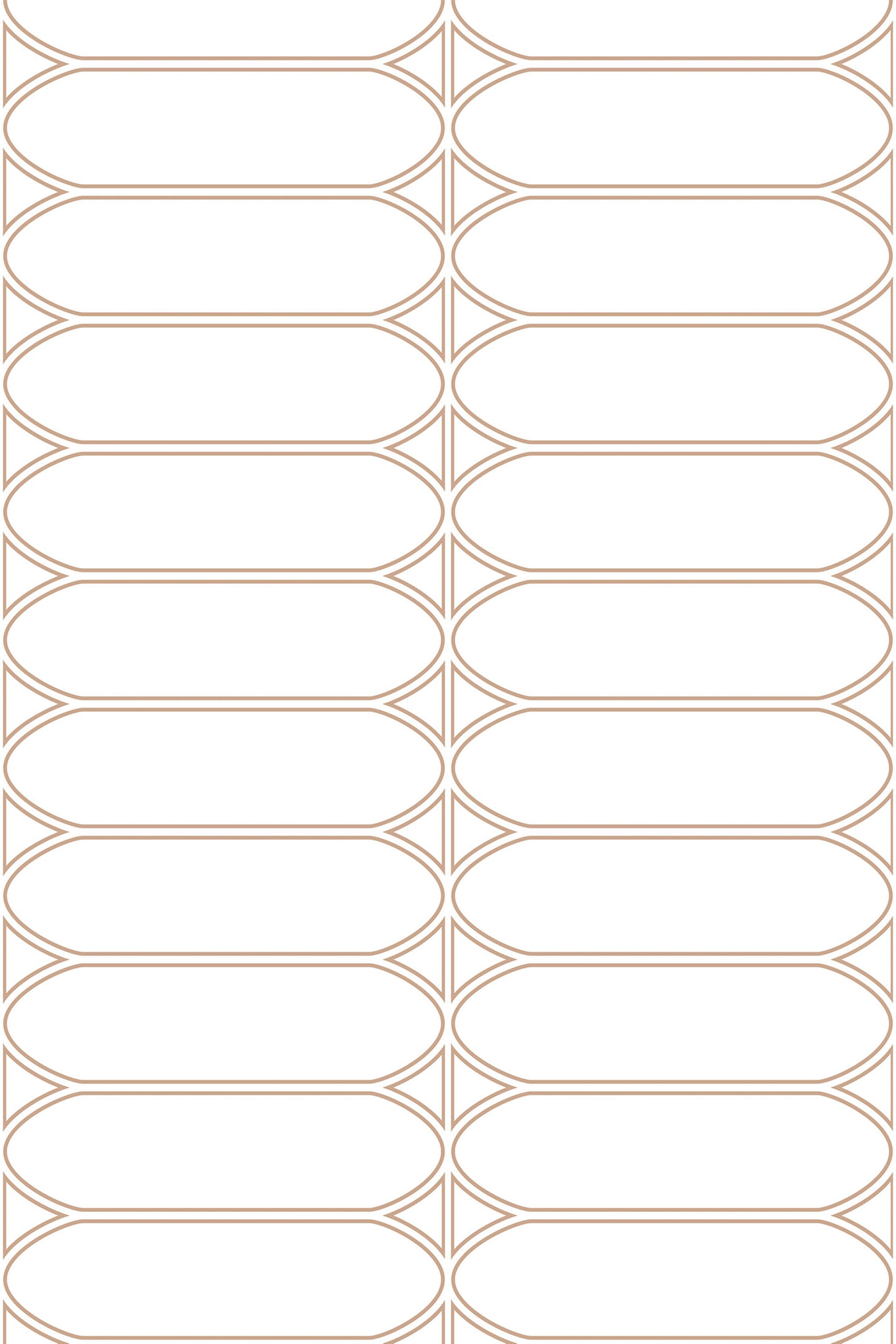 A geometric wallpaper design called Candice, with a pattern of interconnected ovals and lines in a soft brown color on a white background, peel and stick removable wallpaper.