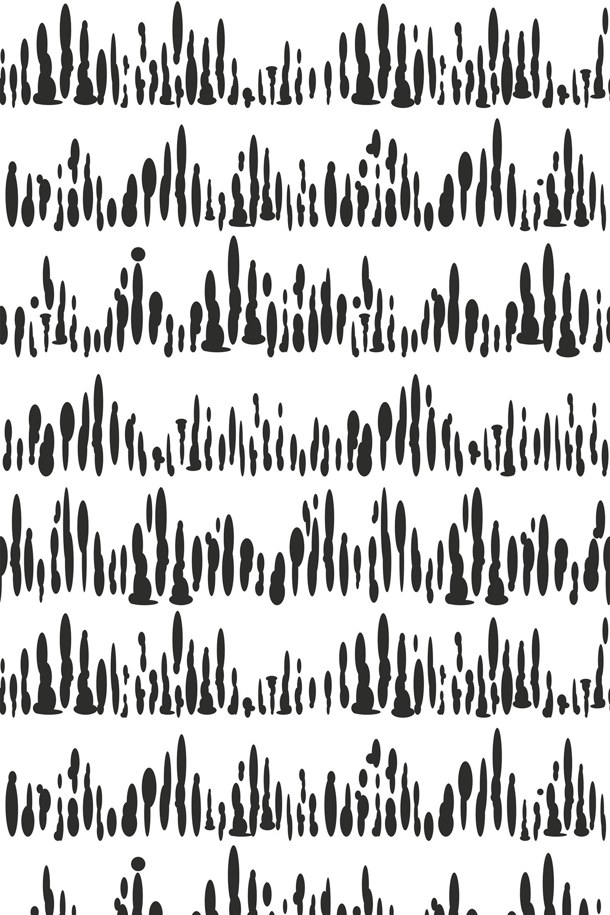 Black abstract cactus-like shapes in varying sizes arranged in horizontal rows on a white background. Peel and stick removable wallpaper.