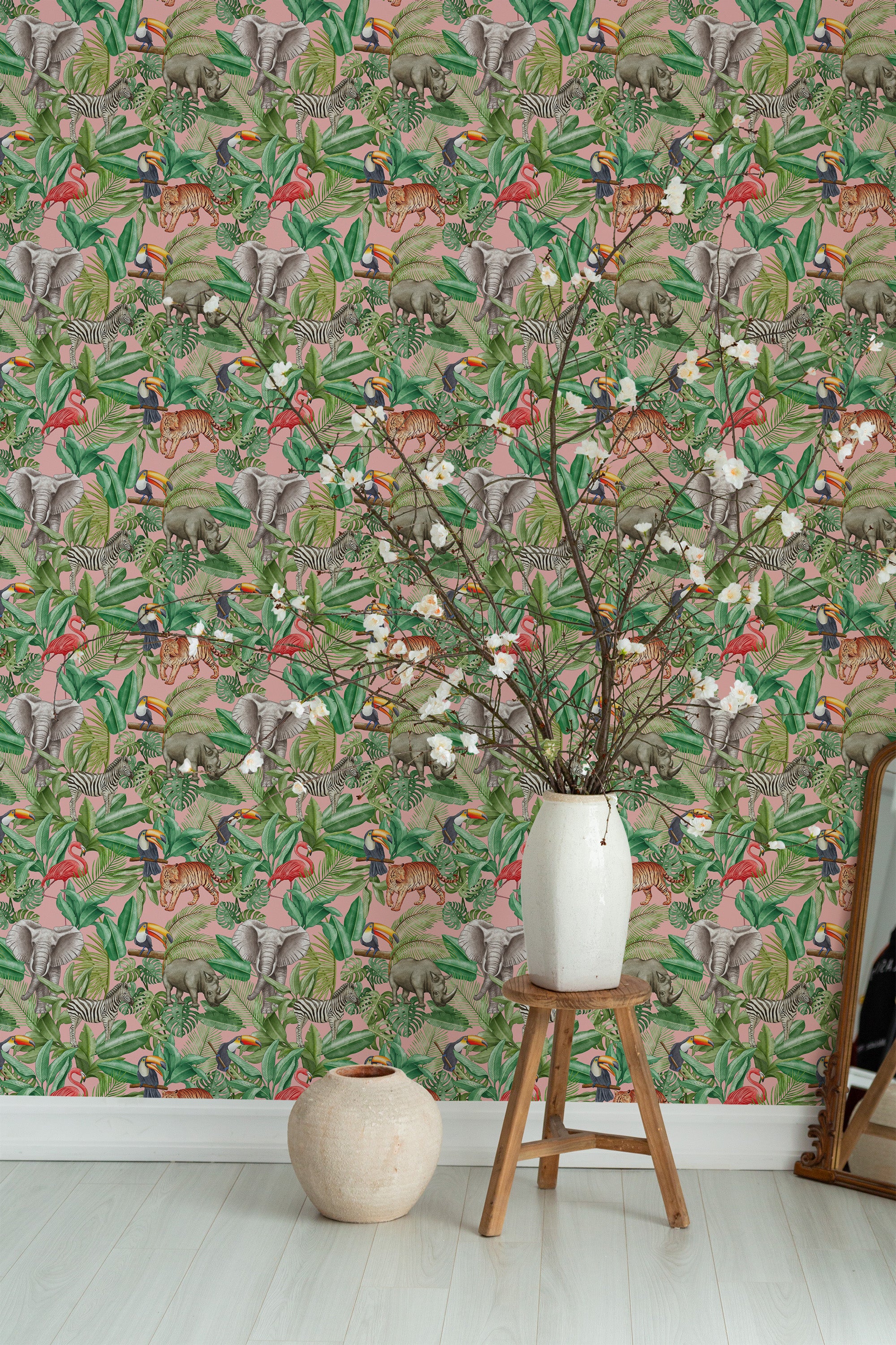 Self-adhesive Tropical wallpaper with vibrant green leaves, colorful birds, zebras, elephants, tigers, and other jungle elements on a lush background.