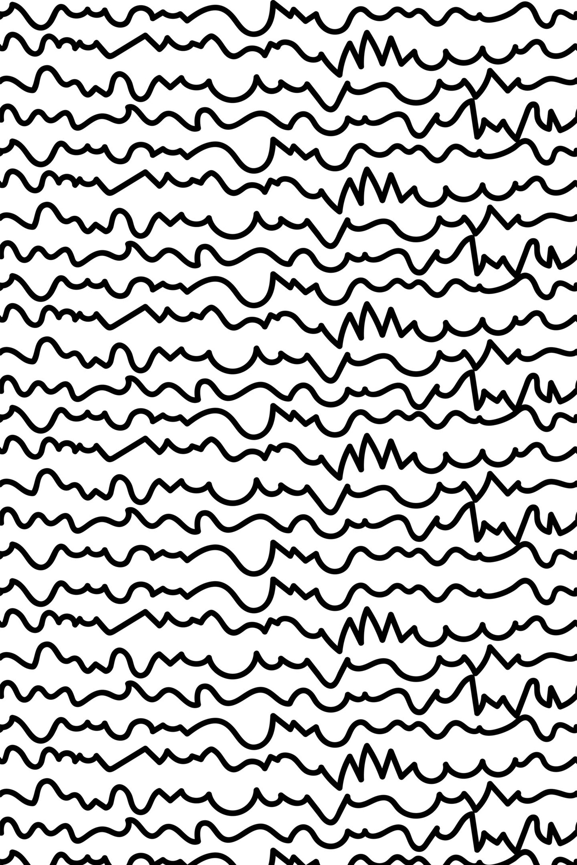 Black wavy lines arranged horizontally on a white background, creating a hand-drawn, abstract pattern. Peel and stick removable wallpaper.