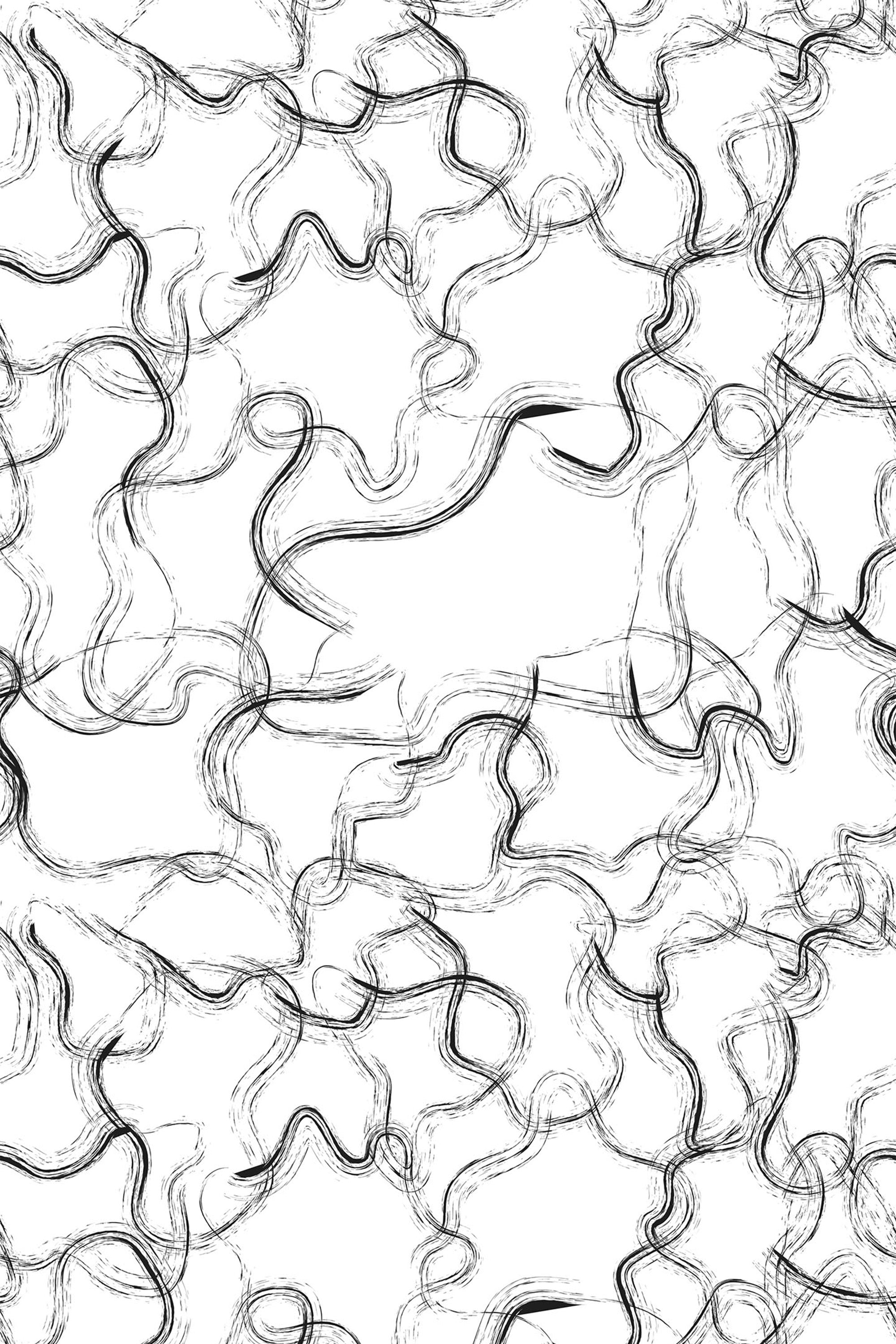 Wavy black lines flow organically across a white background, creating a swirling, marble-like texture with a dynamic and contemporary appearance. Peel and stick removable wallpaper.