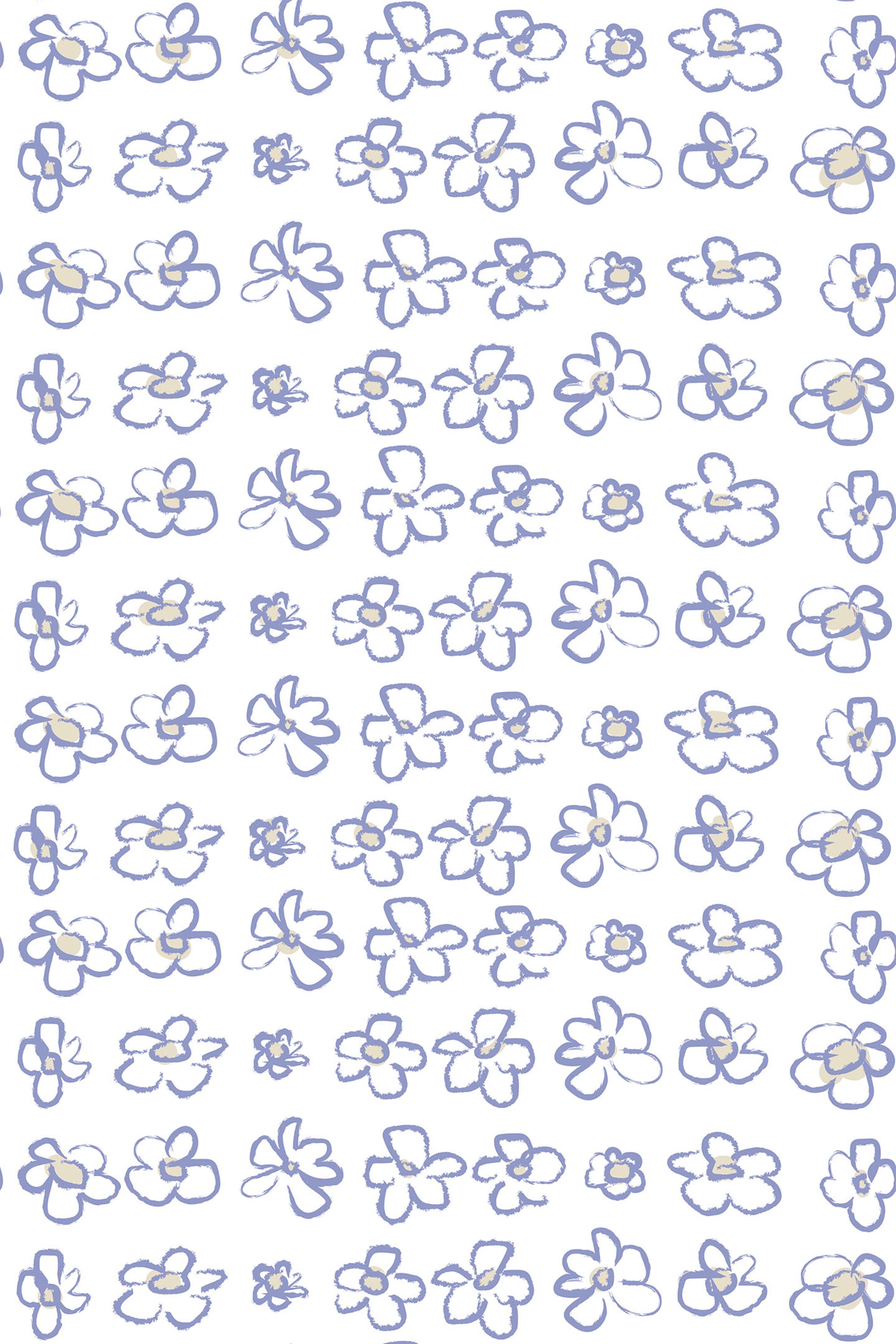 Pattern of simple hand-drawn blue flowers scattered across a white background, creating a minimalist and clean aesthetic. Peel and stick removable wallpaper.
