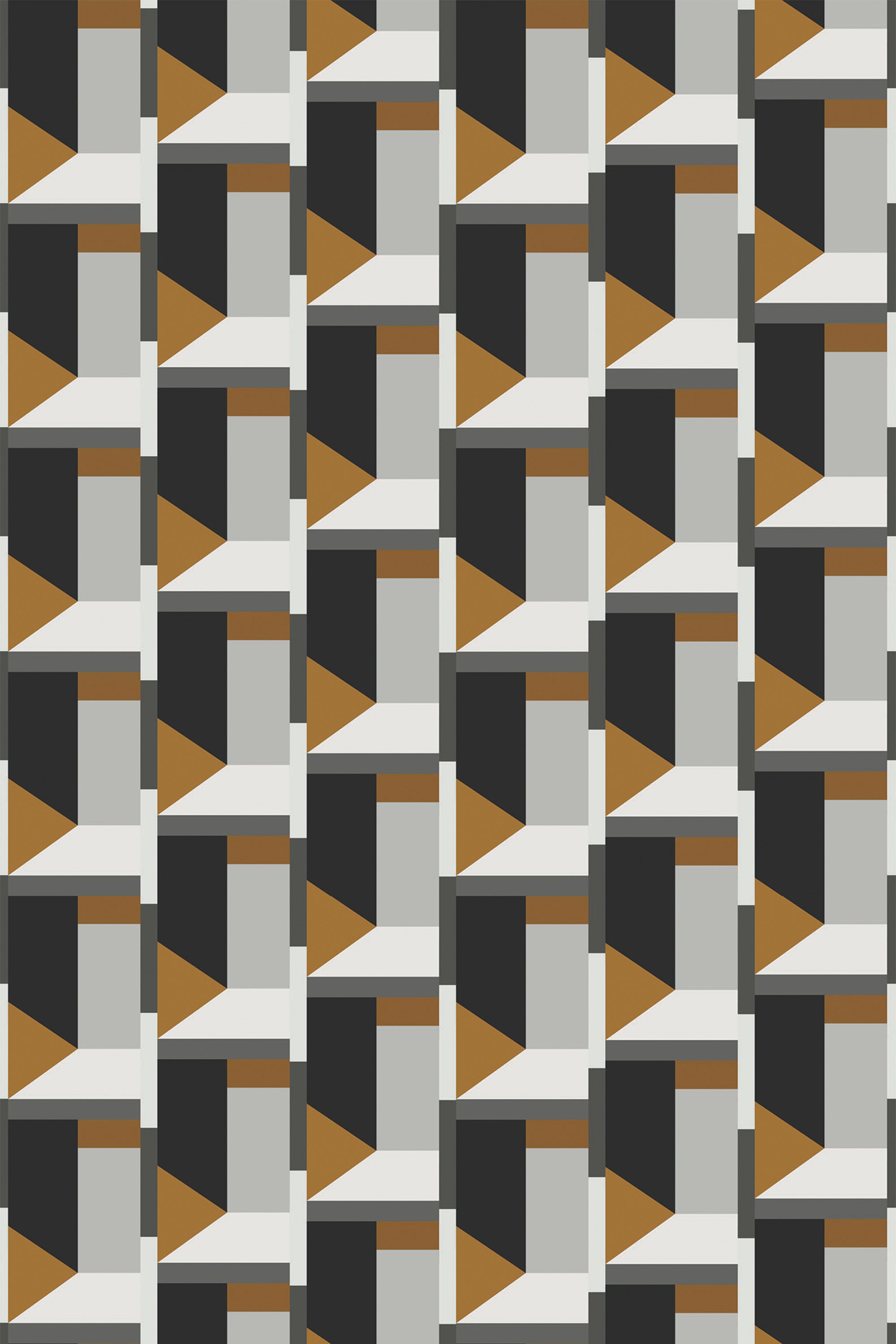 Luxury geometric pattern in shades of black, white, grey, and gold with alternating block-style shapes, creating a three-dimensional effect. Peel and stick removable wallpaper.