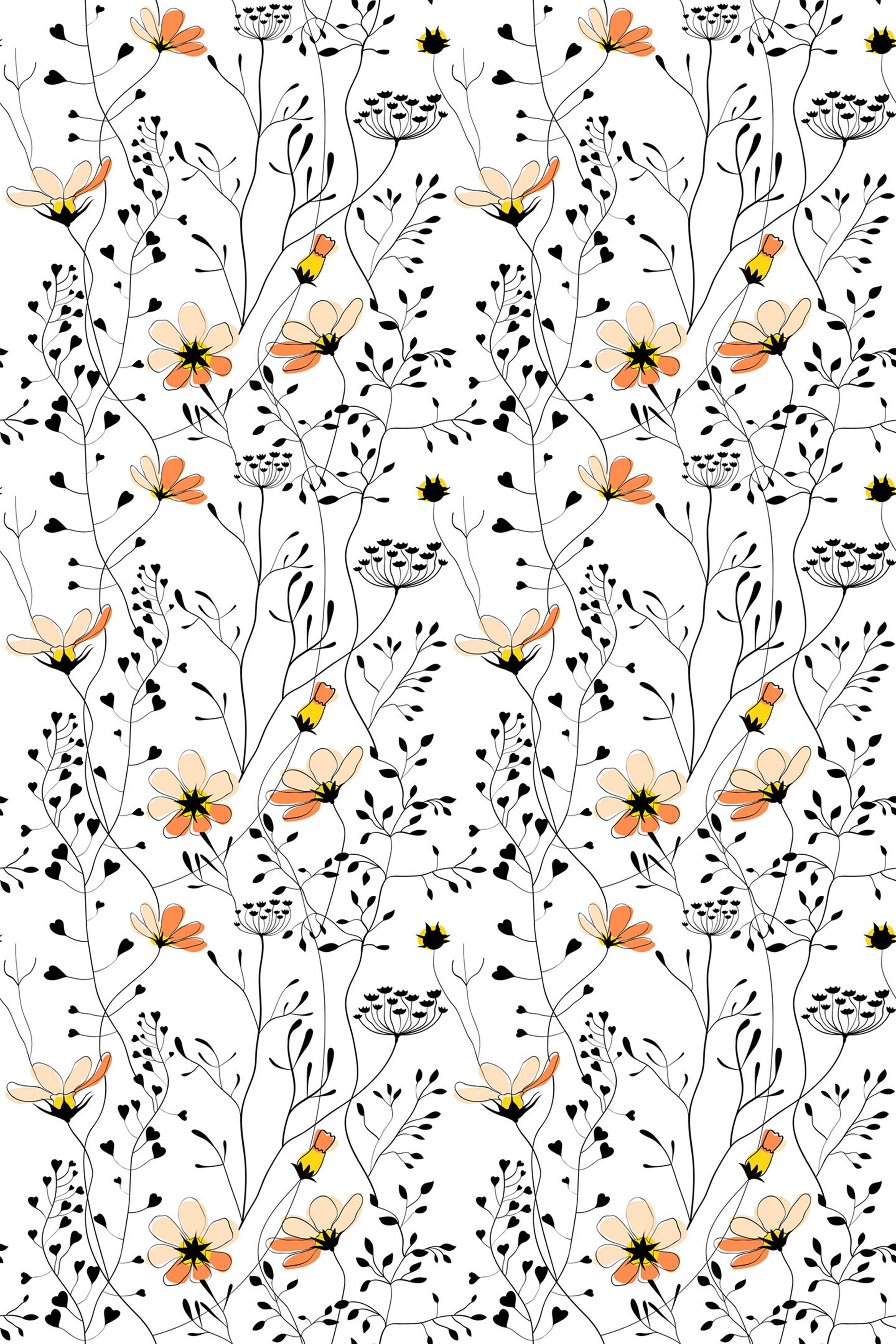 Delicate floral pattern with orange, yellow, and pale pink flowers intertwined with black and white foliage on a white background. Peel and stick removable wallpaper.