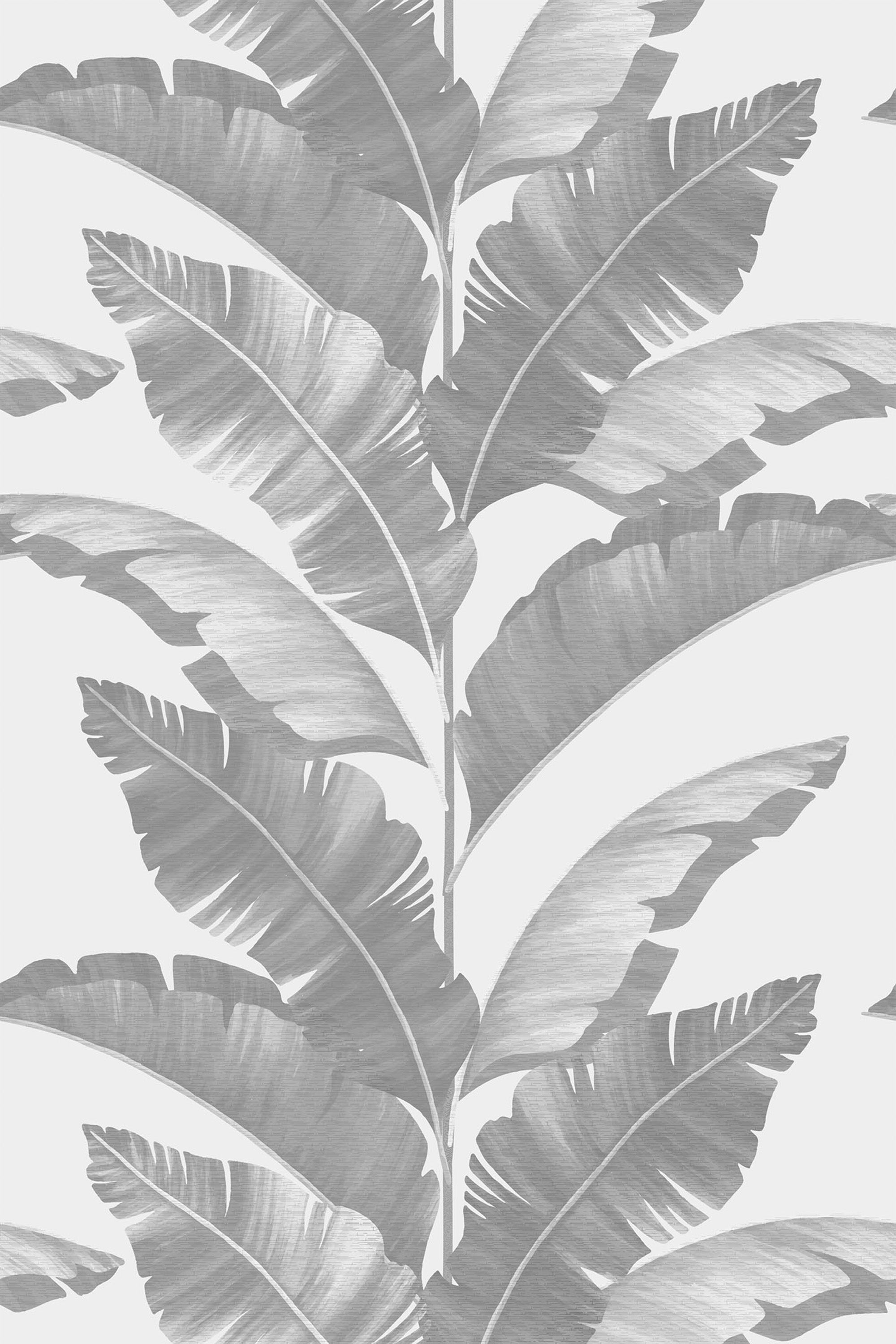 A repeating pattern of large, detailed tropical leaves in various shades of gray on a light background, creating a modern and elegant design. Peel and stick removable wallpaper.