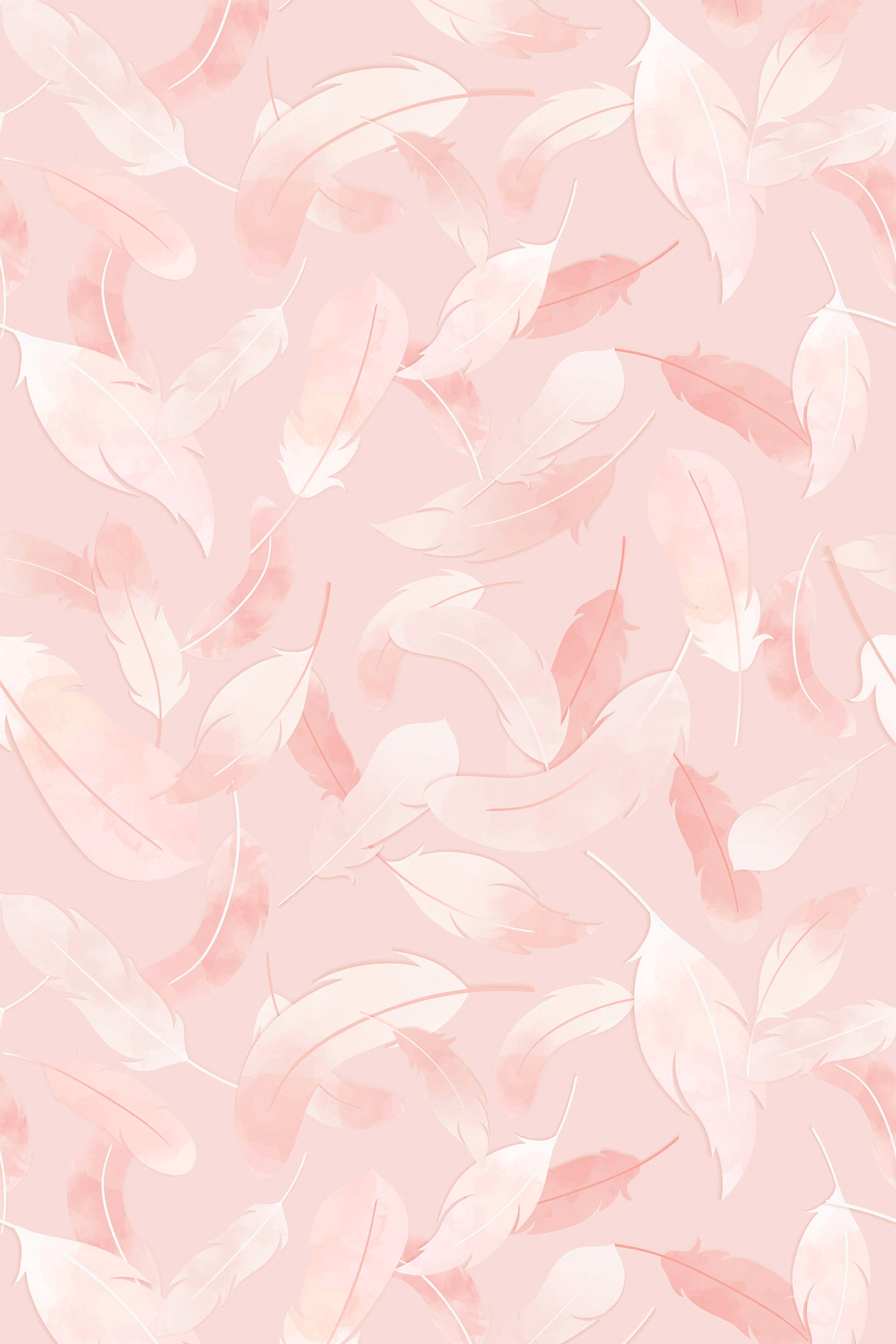 Soft pink feathers in various shades of blush and coral delicately arranged on a light pink background, creating a soothing and whimsical pattern. Ideal for nurseries or children's rooms, peel and stick removable wallpaper.