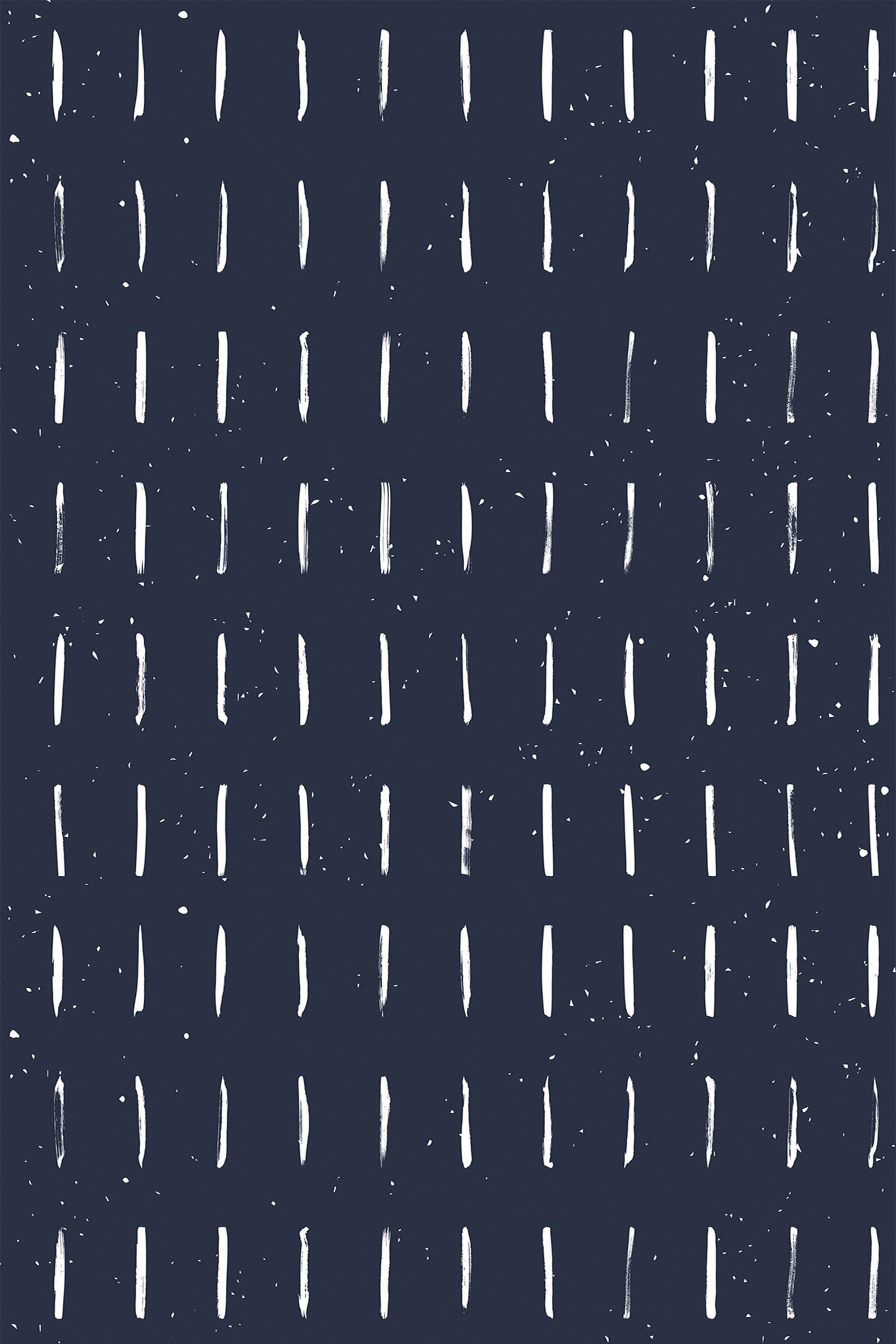 Navy blue wallpaper with white brush stroke lines arranged in a vertical pattern, accented by scattered dots. Peel and stick removable wallpaper.