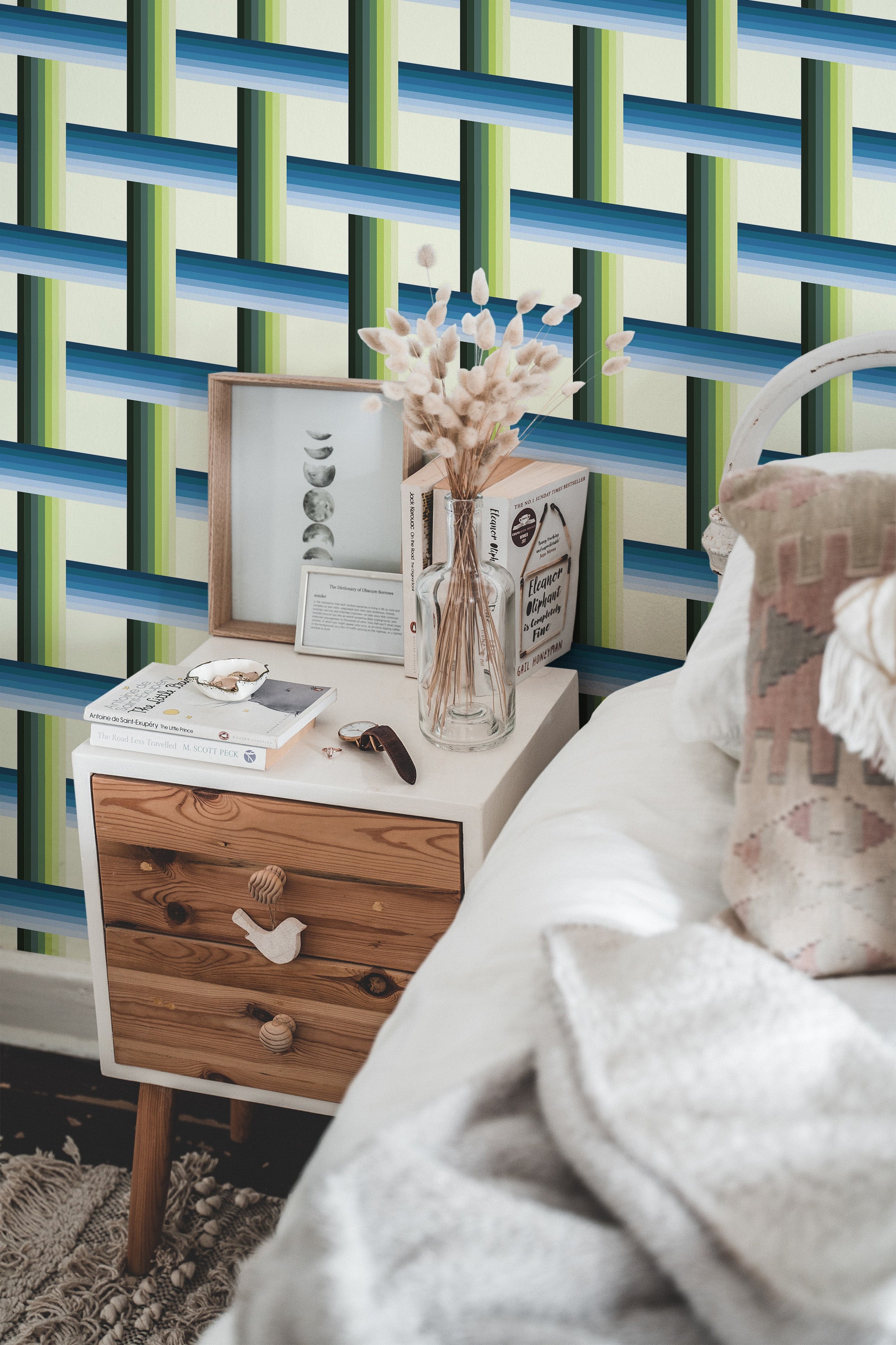 Self-adhesive wallpaper with a 15th-century striped design in shades of blue, green, and beige, creating an interwoven pattern with a subtle vintage aesthetic.