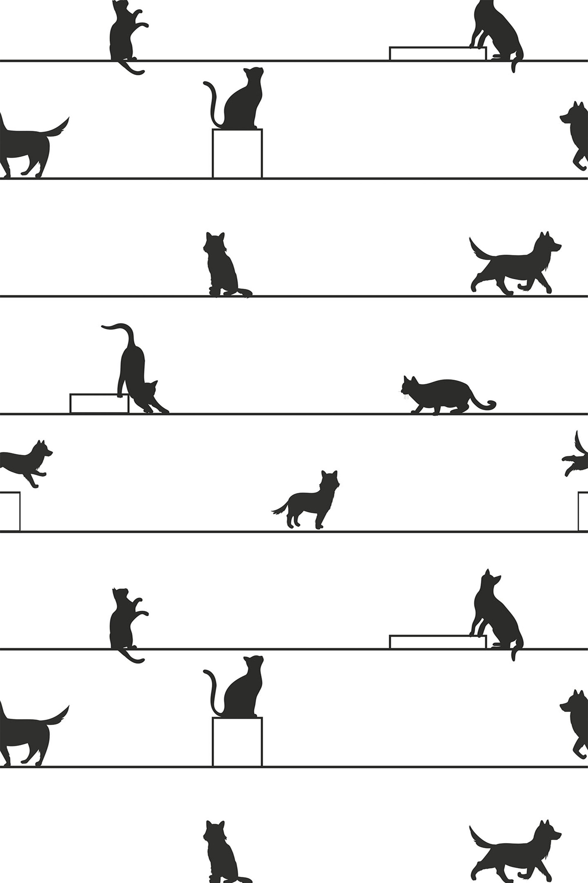 Black silhouettes of dogs and cats in various playful poses on a white background, represented in a line pattern with simple black horizontal lines, peel and stick removable wallpaper.