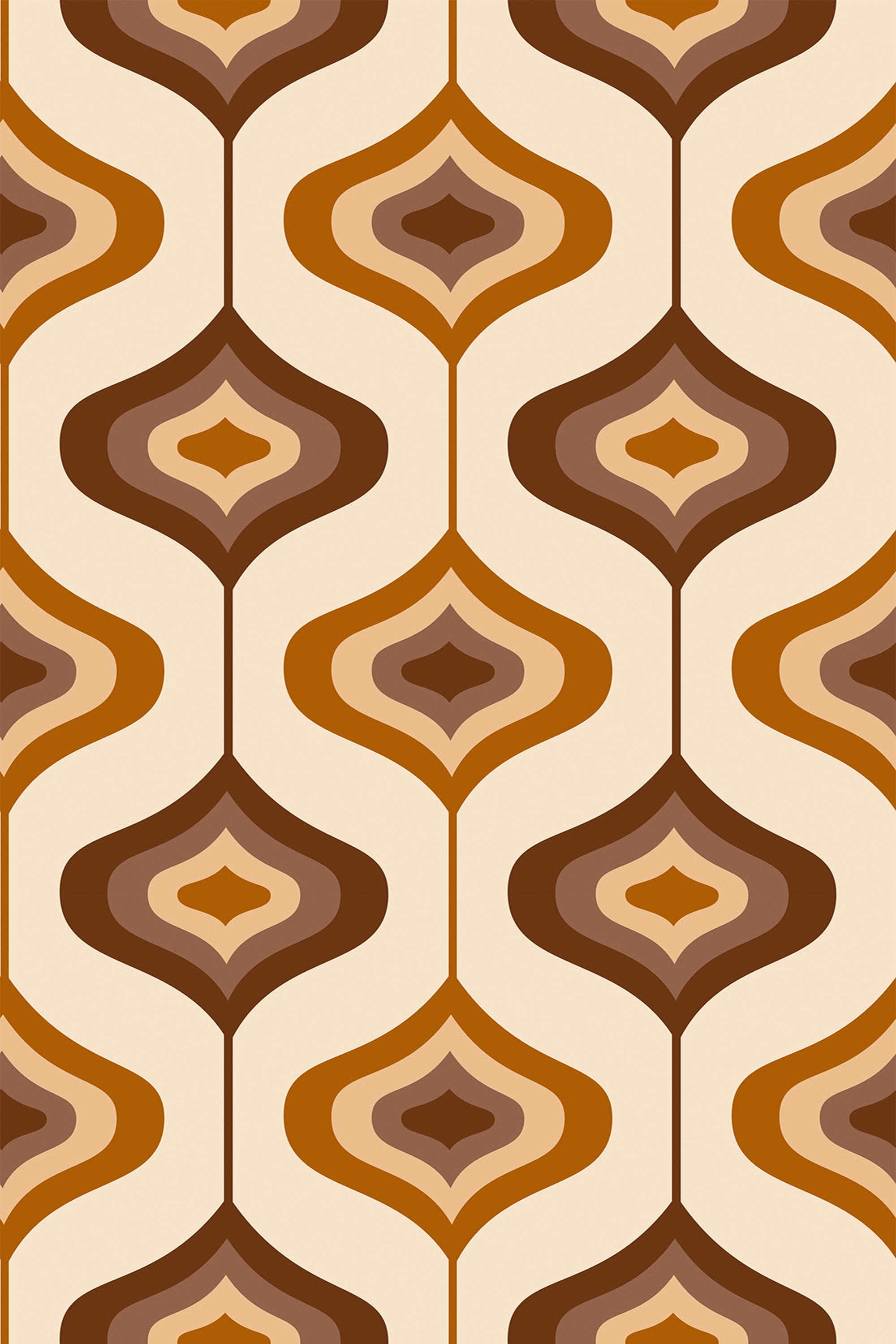 A retro wallpaper pattern with curved, overlapping shapes in various shades of brown, tan, and beige on a cream background, reminiscent of 1970s design. Peel and stick removable wallpaper.
