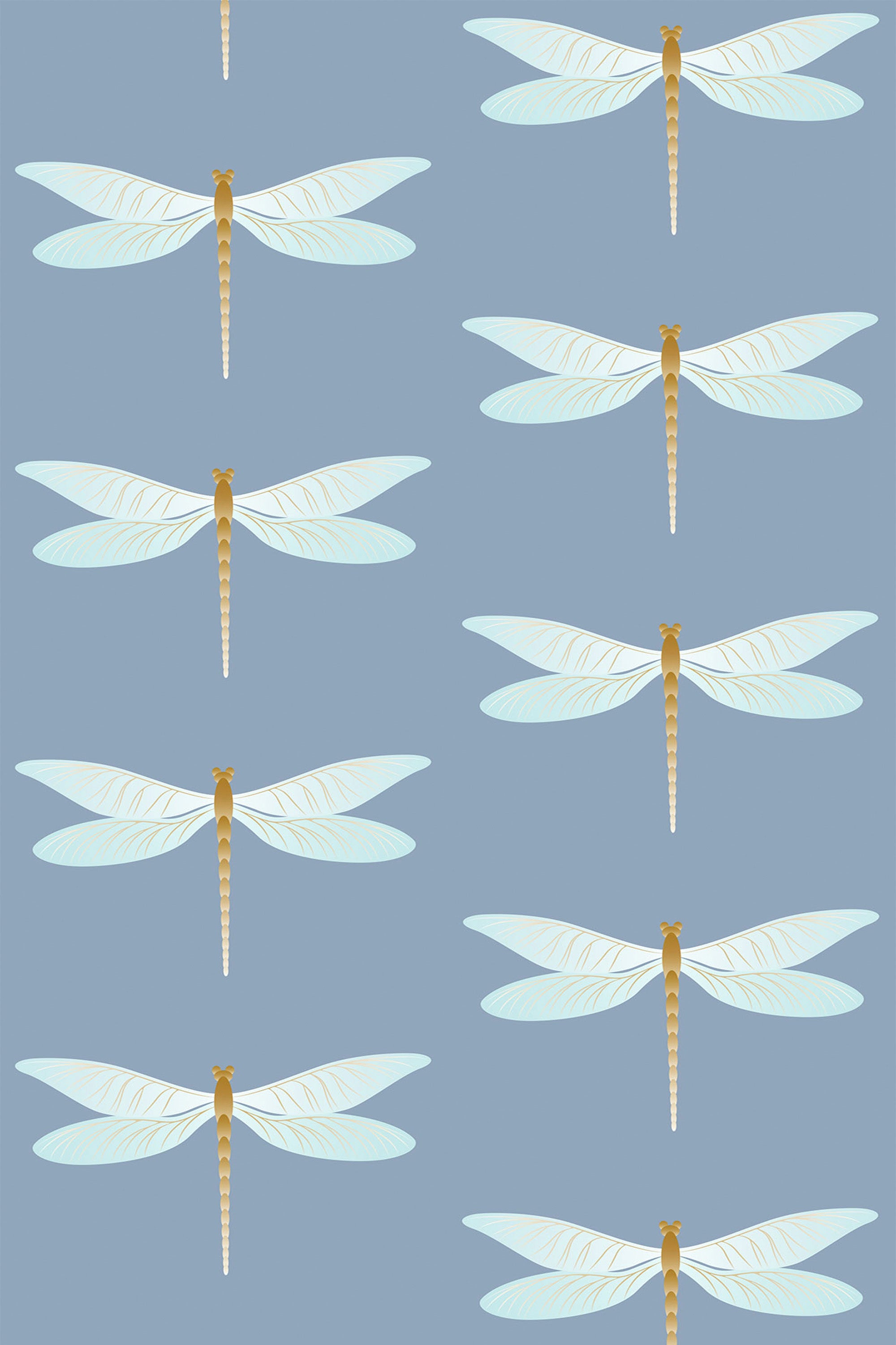 Dragonfly silhouettes with detailed wings and striped bodies in shades of white and gold evenly spaced against a muted blue background, peel and stick removable wallpaper.