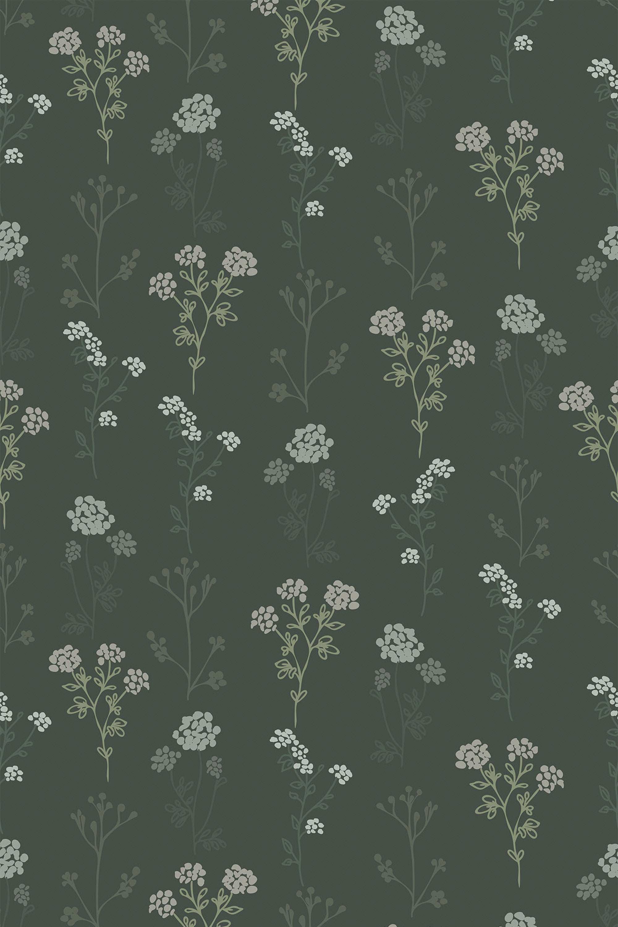Dark green Scandinavian wallpaper with delicate, minimalist floral patterns in light green and white hues. Peel and stick removable wallpaper.