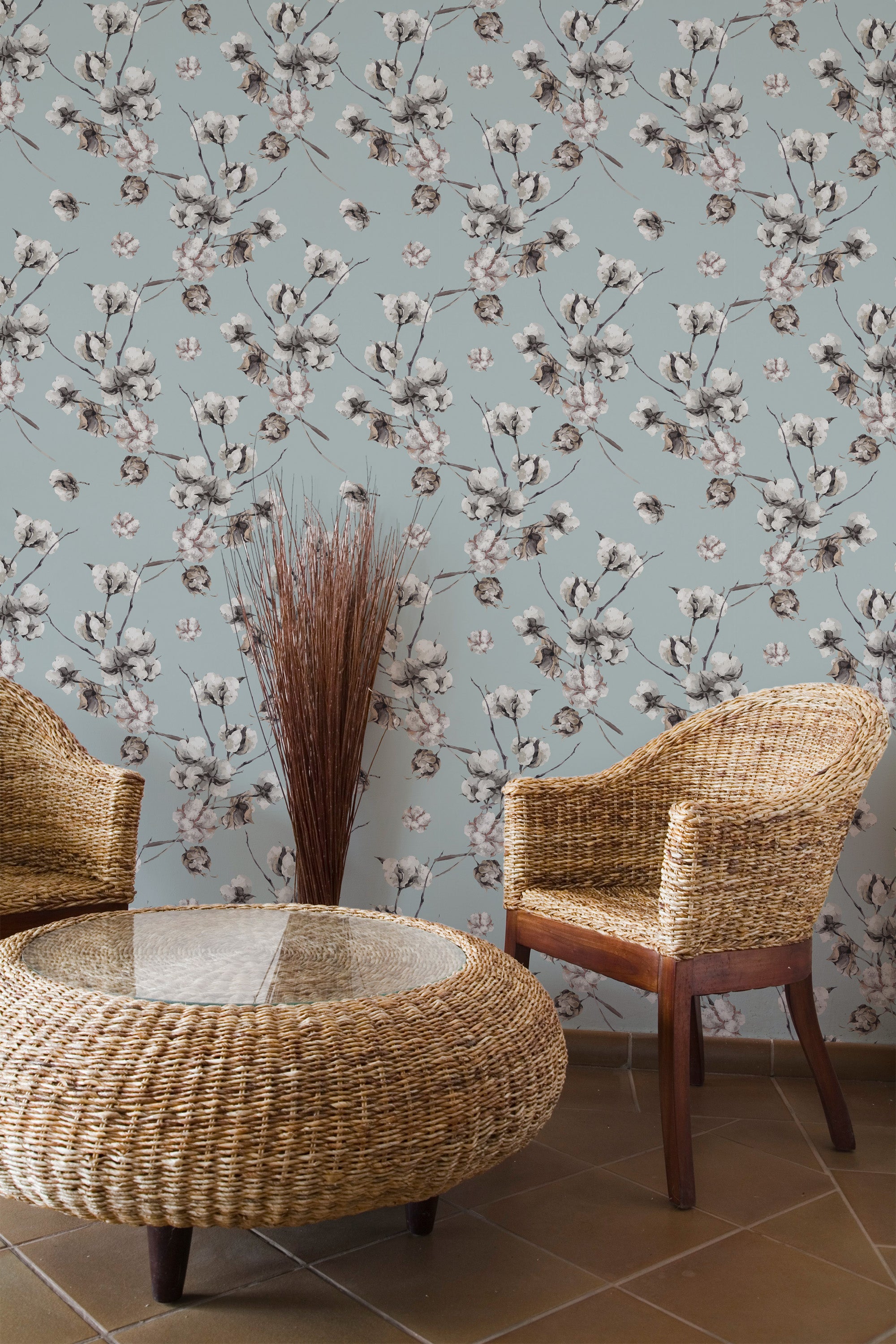 Self-adhesive wallpaper with a Cotton tree design featuring delicate white cotton bolls on thin branches, set against a soft green background, adding a subtle and natural elegance to the room.