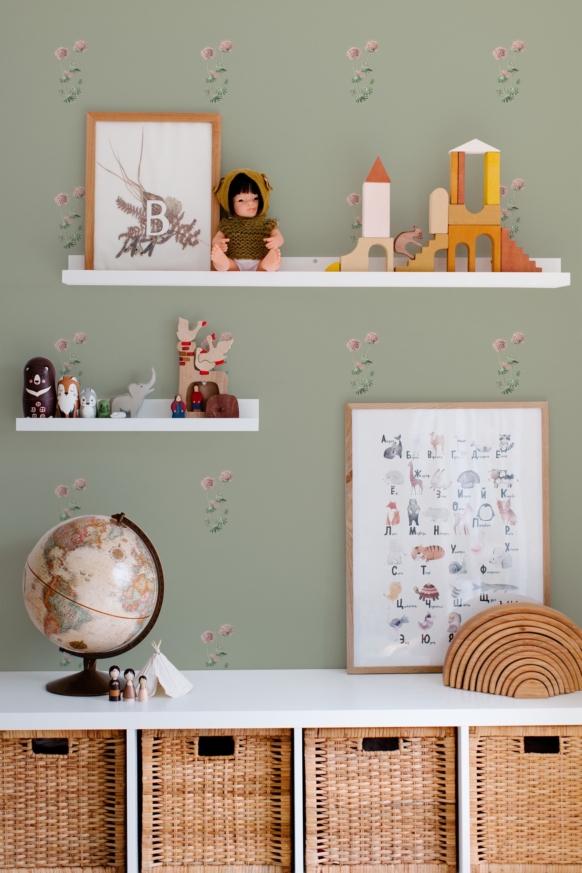 Self-adhesive wallpaper with a Vintage Summer Flowers design, featuring small, delicate pink flowers and green leaves spread across a muted sage green background.
