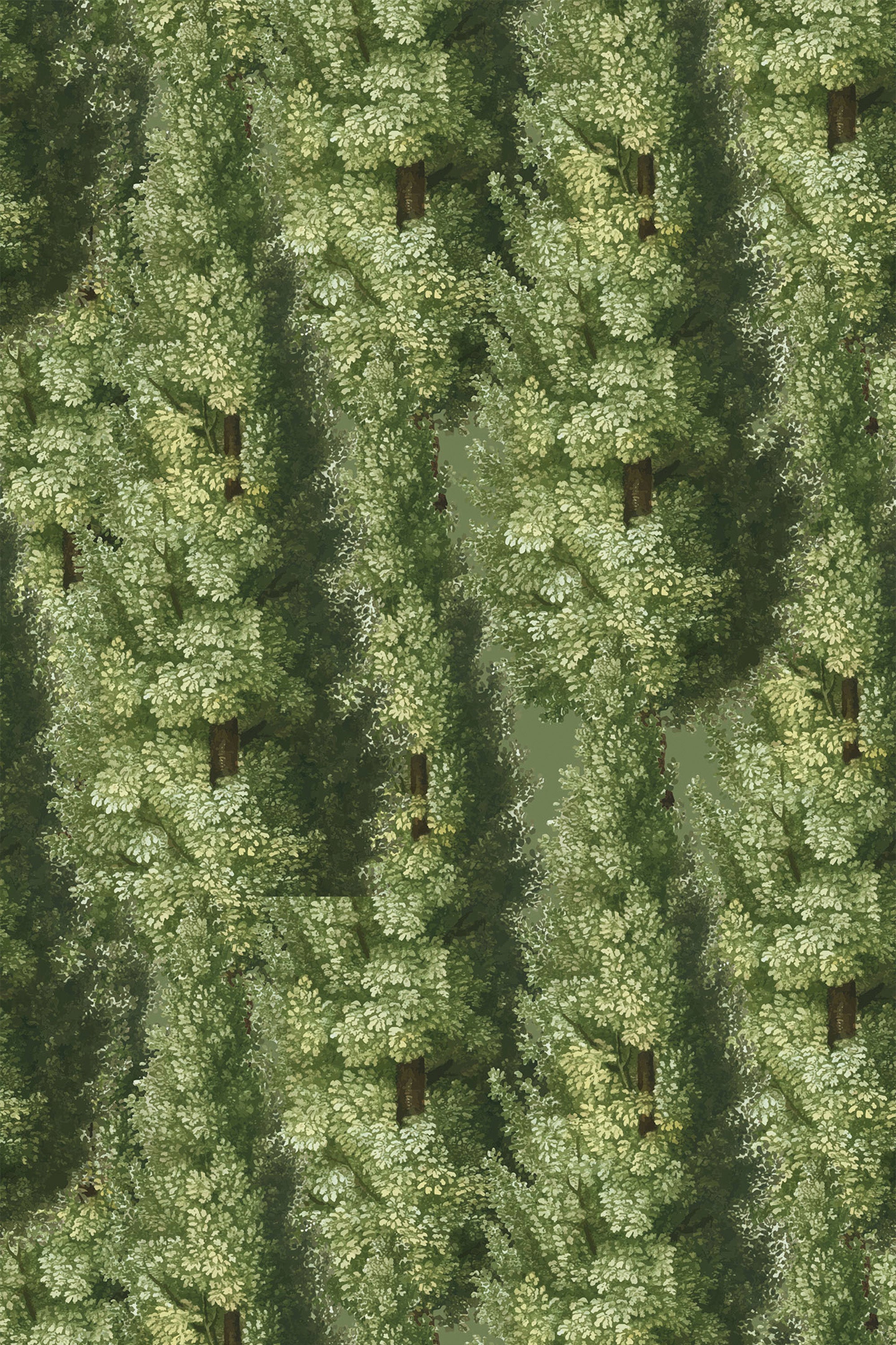 A repeating pattern of dense green trees with intricate details of leaves and branches, creating a lush forest atmosphere. Peel and stick removable wallpaper.