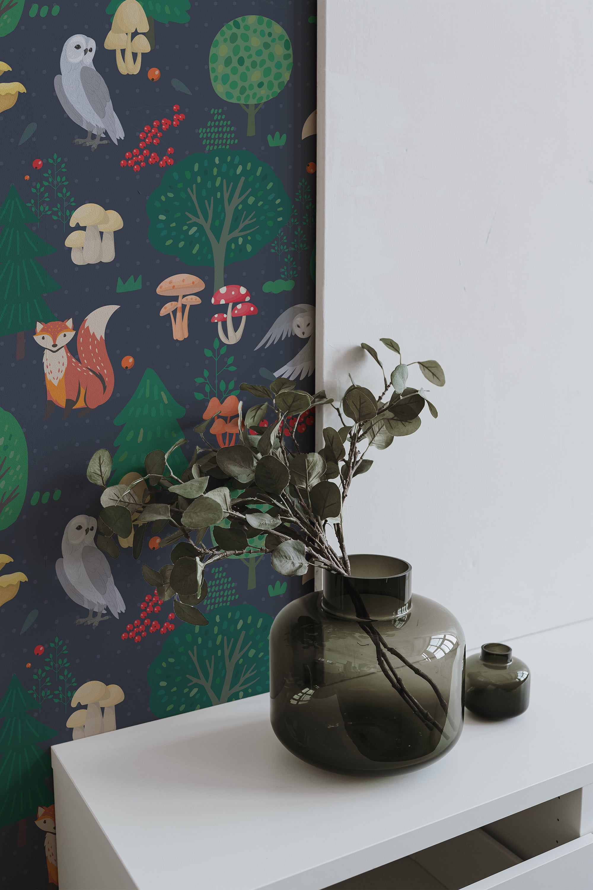 Self-adhesive wallpaper with a whimsical forest theme, featuring foxes, owls, trees, mushrooms, and lush greenery on a dark blue background.