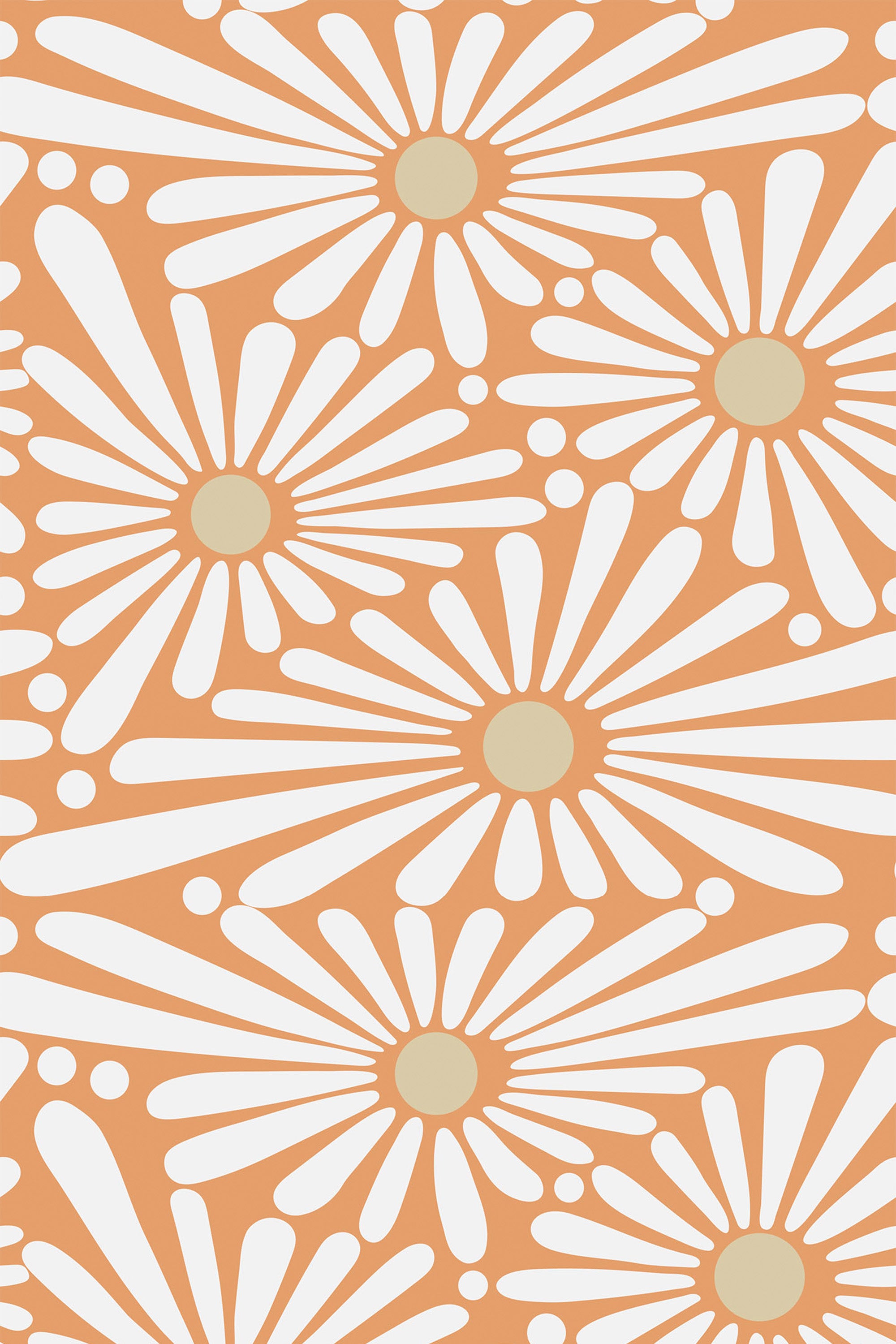 A vibrant pattern of large white sunflower shapes with radiating petals and muted yellow centers on a warm orange background. Peel and stick removable wallpaper.