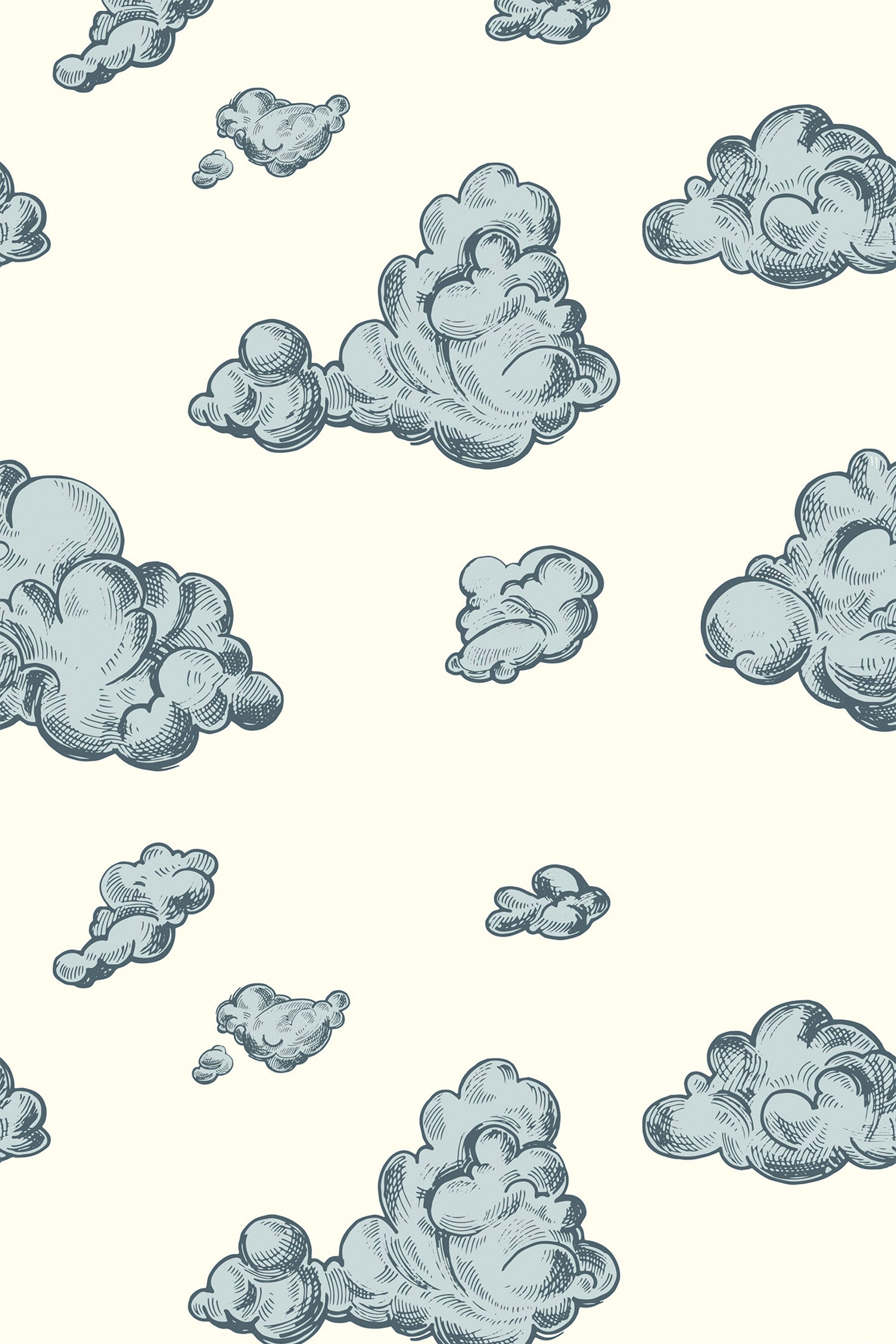 Vintage-style wallpaper with a repeated pattern of fluffy clouds on a pastel background, peel and stick removable wallpaper.