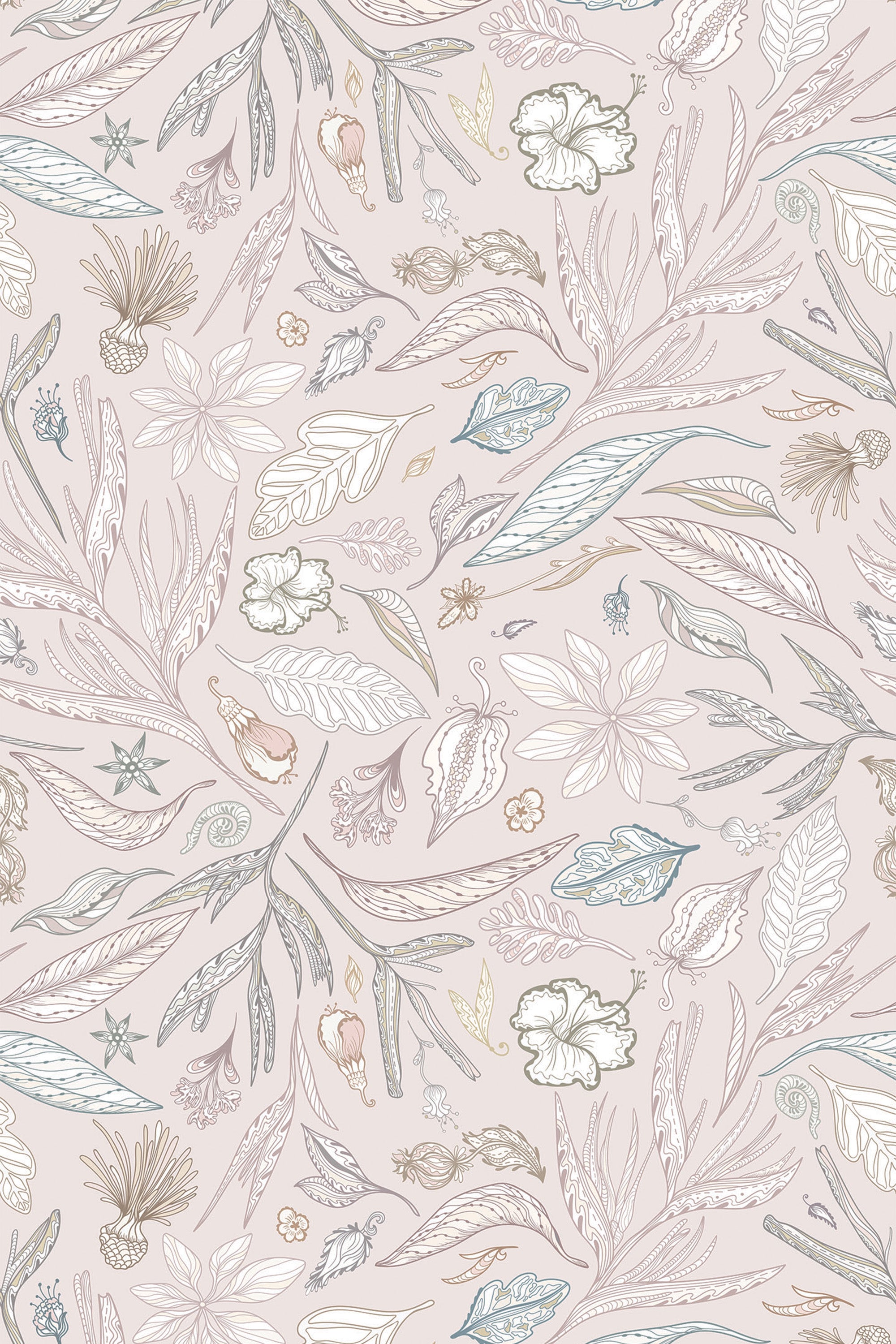 Hand-drawn style neutral-toned flora and fauna illustrations on wallpaper including leaves, feathers, shells, and florals on a pale background, peel and stick removable wallpaper.