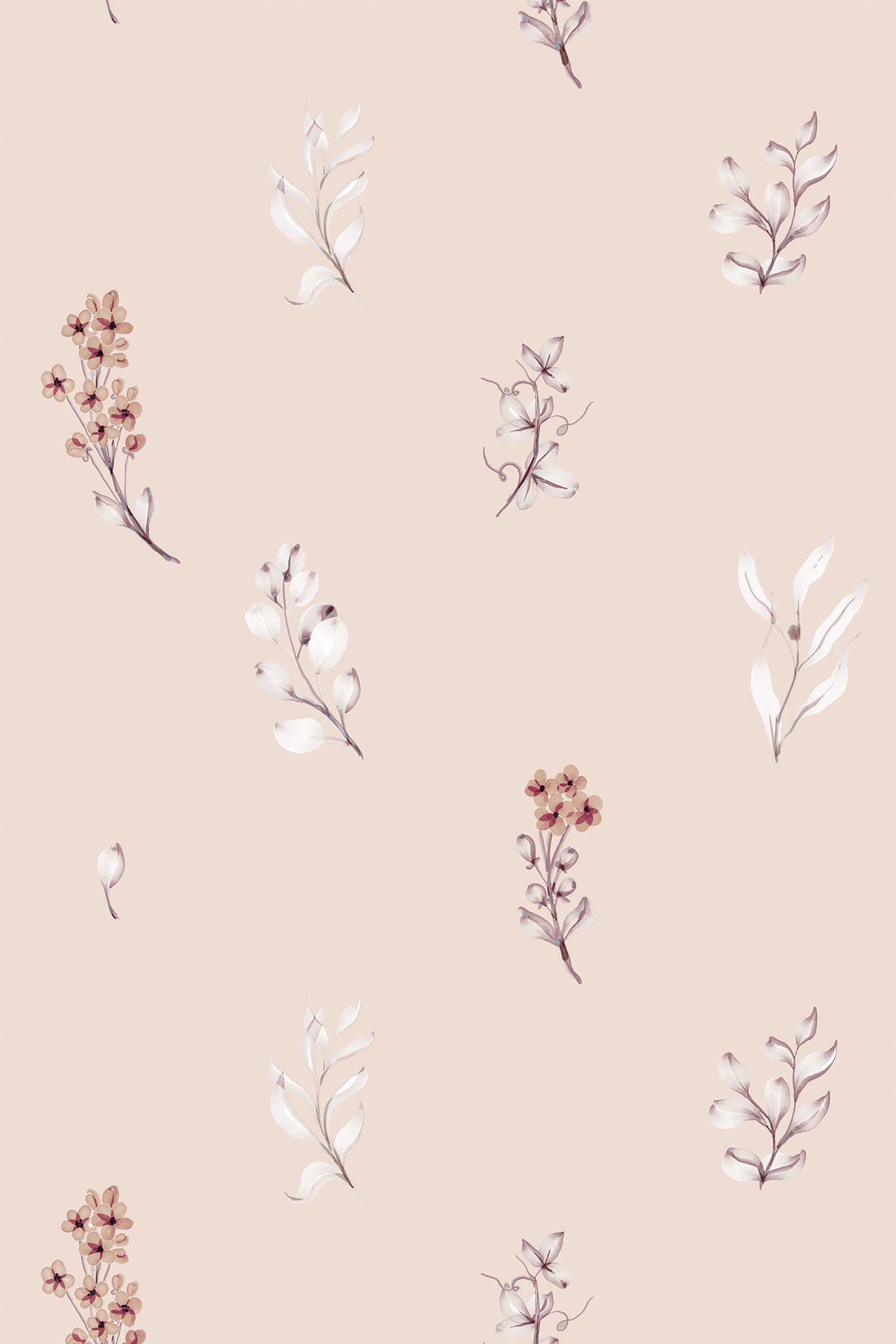 A pattern of soft-colored flowers and leaves floating gracefully on a peach background, giving a sense of serenity and simplicity, suitable for a tranquil interior aesthetic. This is a peel and stick removable wallpaper.