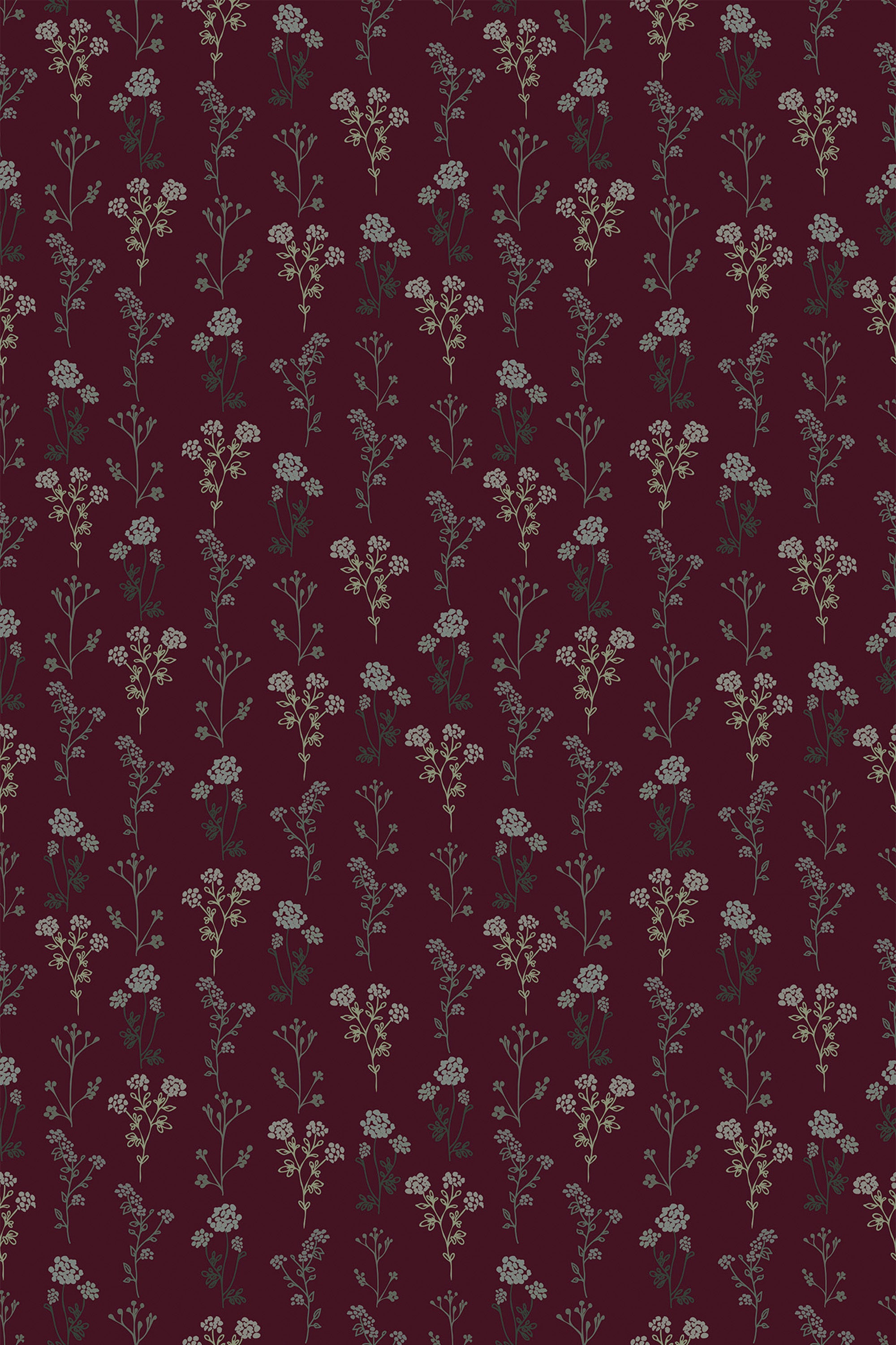 A pattern of delicate light-colored flowers scattered across a dark burgundy background, forming a continuous, elegant botanical theme for peel and stick removable wallpaper.