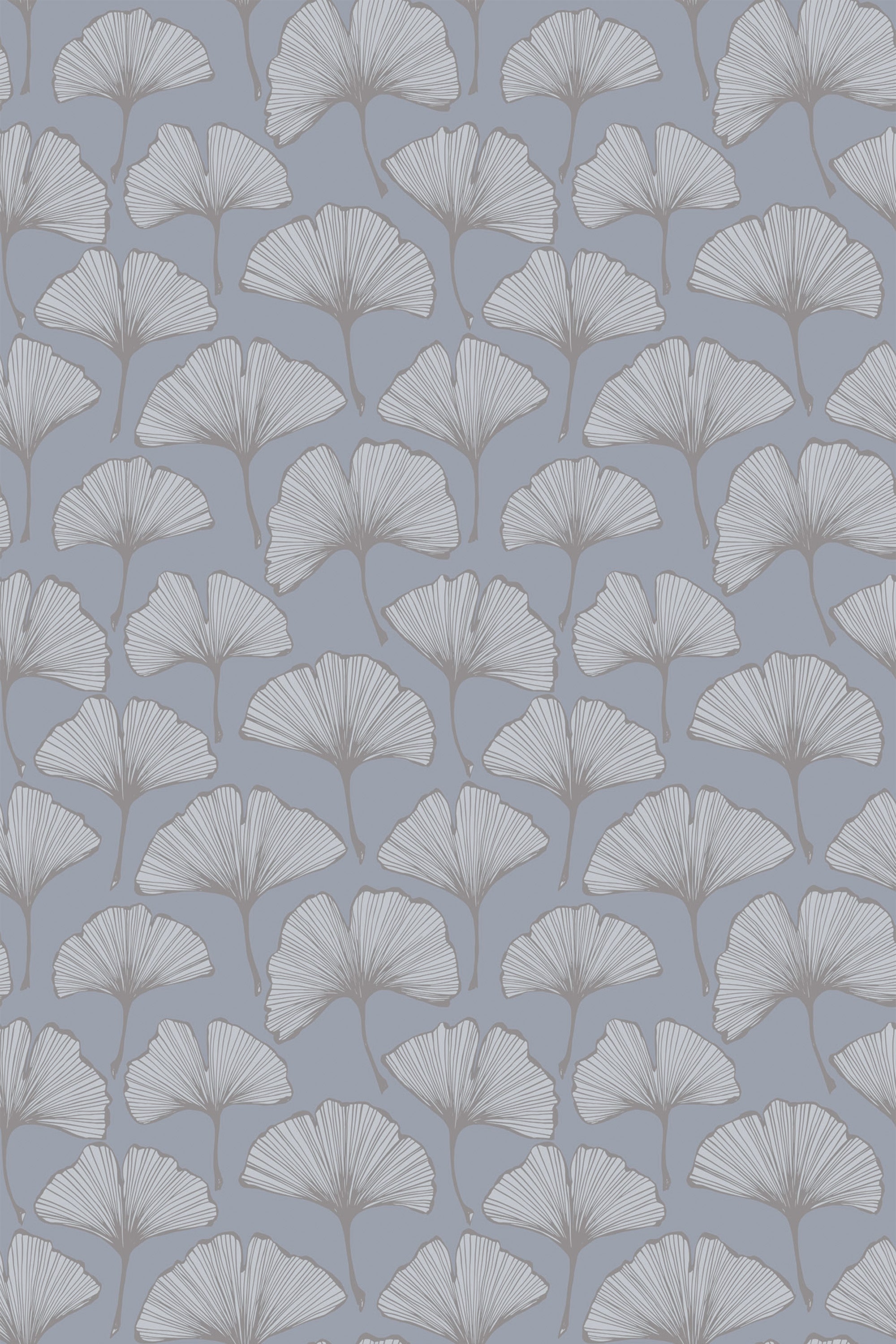Elegant gray wallpaper with a repeating pattern of white ginkgo leaves spread symmetrically, offering a modern and serene aesthetic, suitable as peel and stick removable wallpaper.