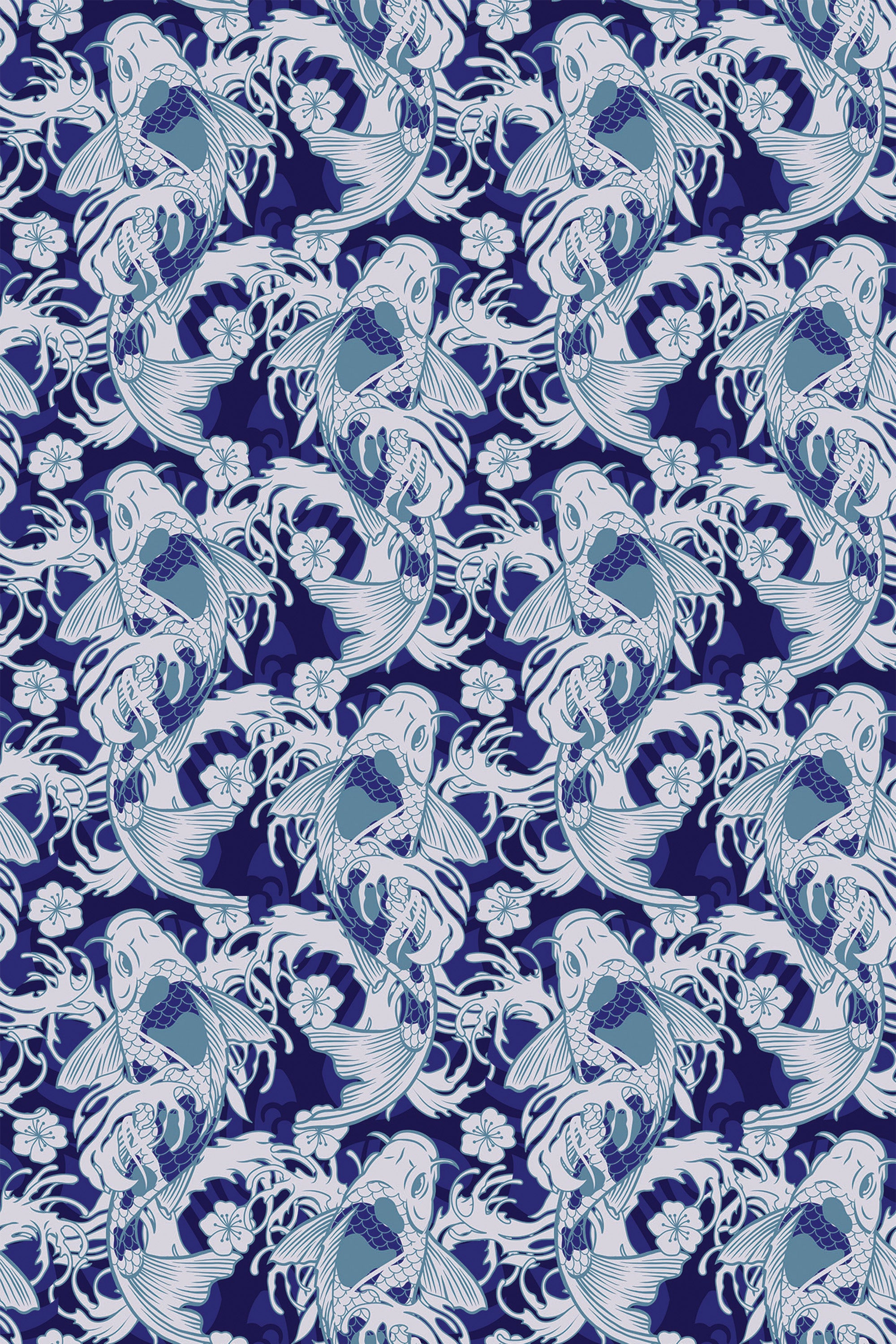A pattern of stylized blue and white fish interlaced with aquatic plants on a navy background, peel and stick removable wallpaper.