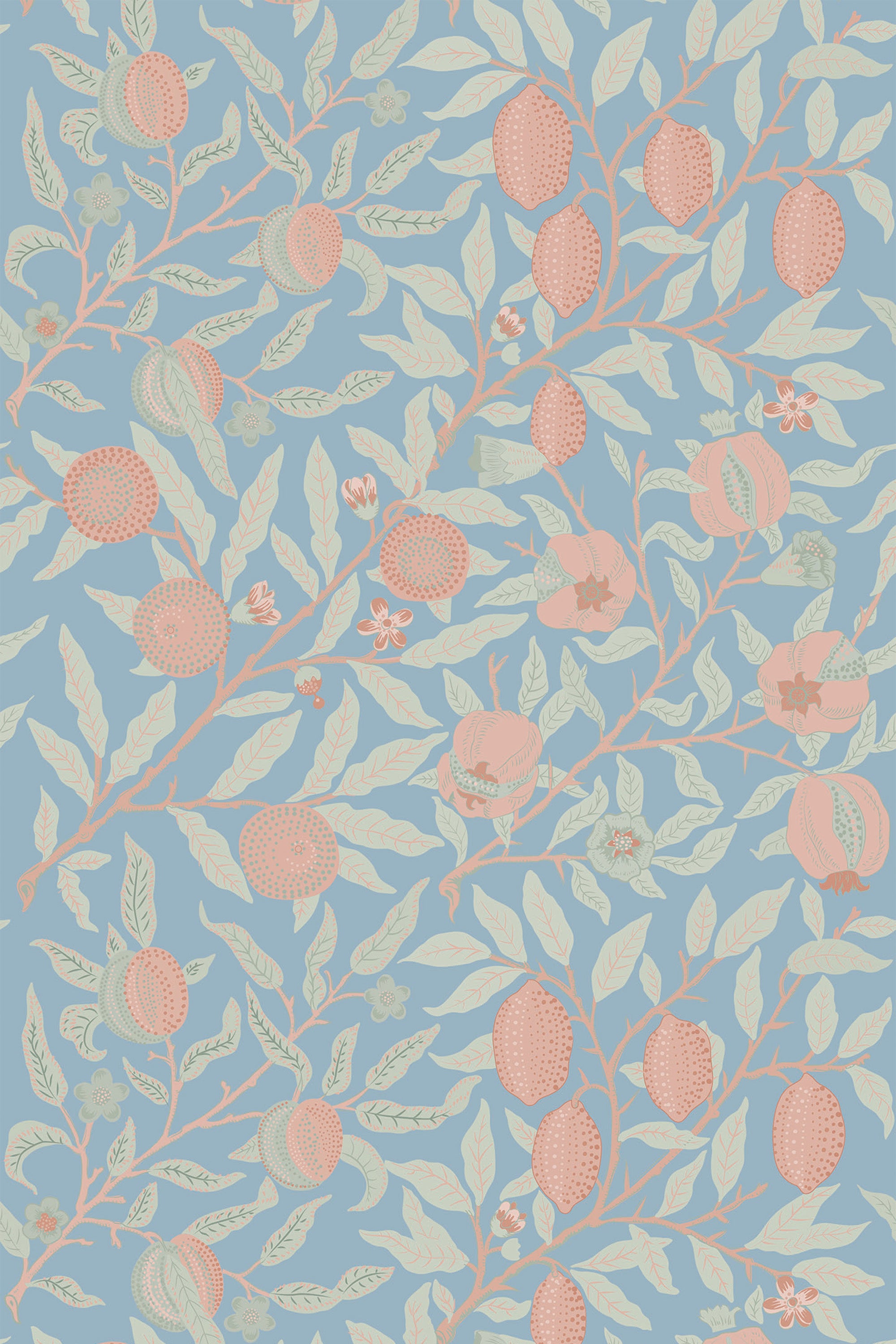 A pattern of stylized lemons and leaves in soft pastel tones on a blue background, forming a whimsical 'Lemon Grove' motif for peel and stick removable wallpaper.
